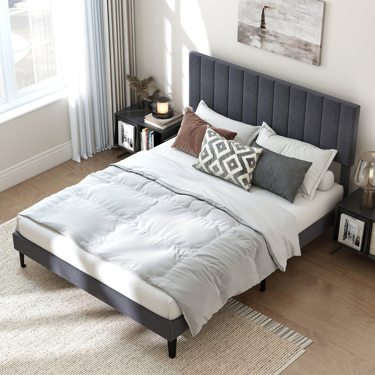 Velvet Upholstered Platform Bed with Height Adjustable Vertical Channel Headboard-Beds & Bed Frames-DECOROLALA