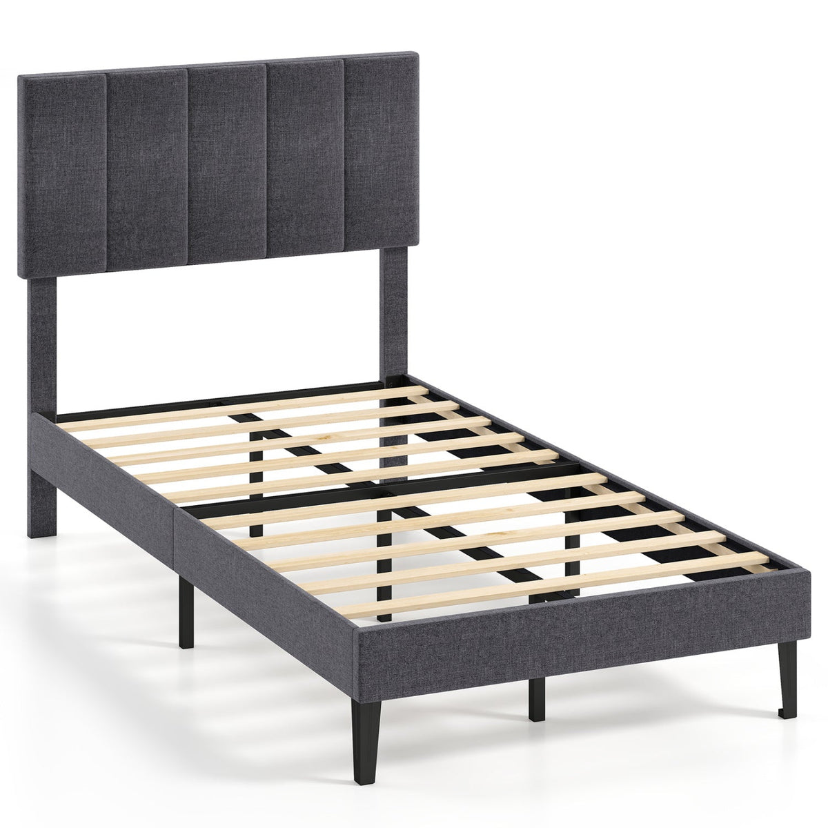 Velvet Upholstered Platform Bed with Height Adjustable Vertical Channel Headboard-Beds & Bed Frames-DECOROLALA
