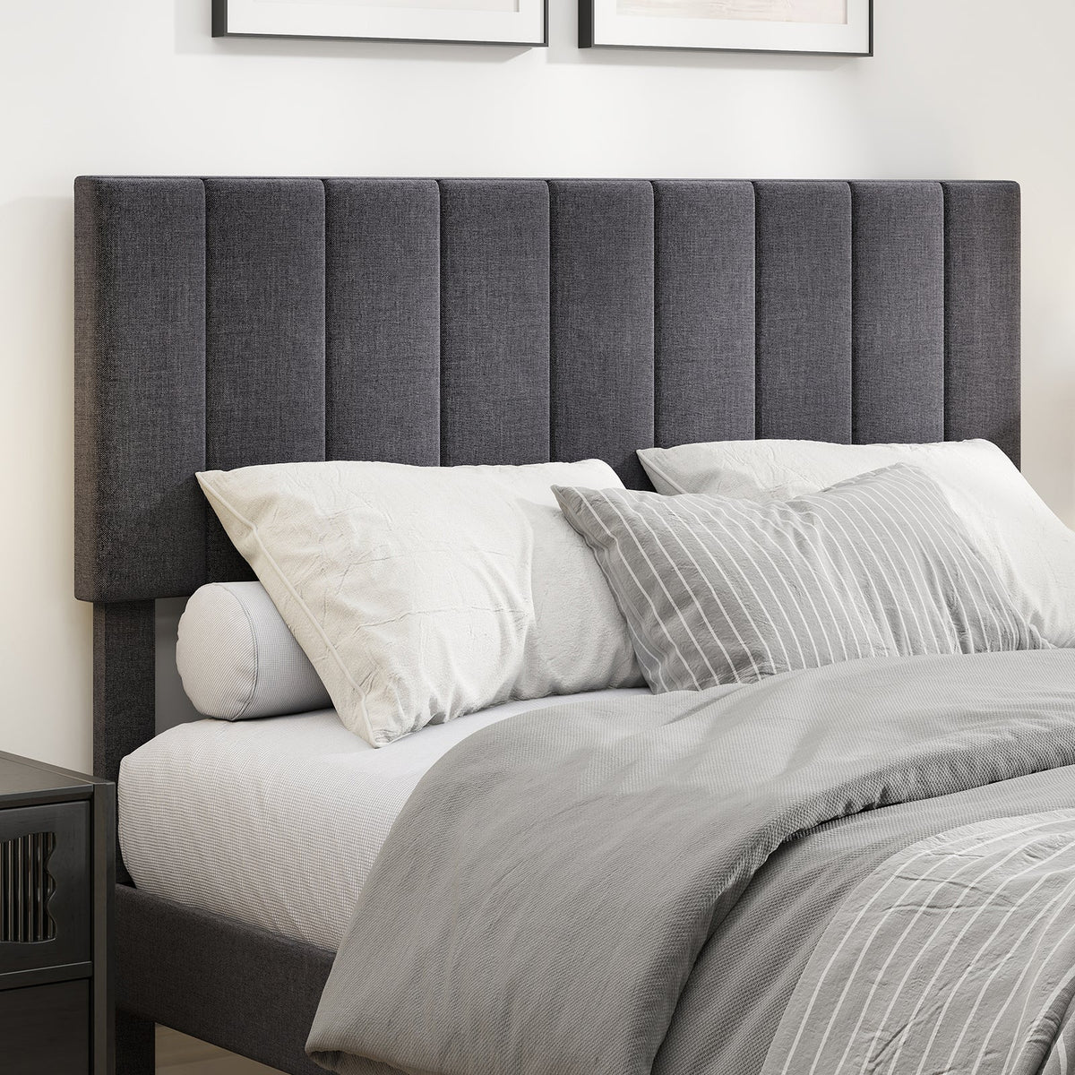Velvet Upholstered Platform Bed with Height Adjustable Vertical Channel Headboard-Beds & Bed Frames-DECOROLALA