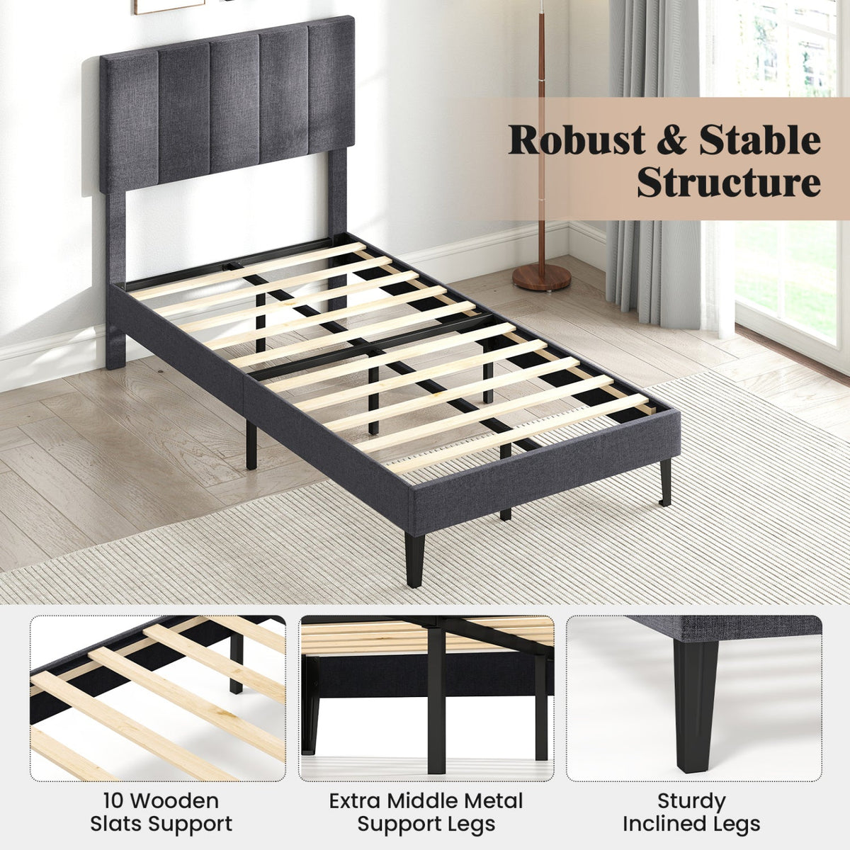Velvet Upholstered Platform Bed with Height Adjustable Vertical Channel Headboard-Beds & Bed Frames-DECOROLALA