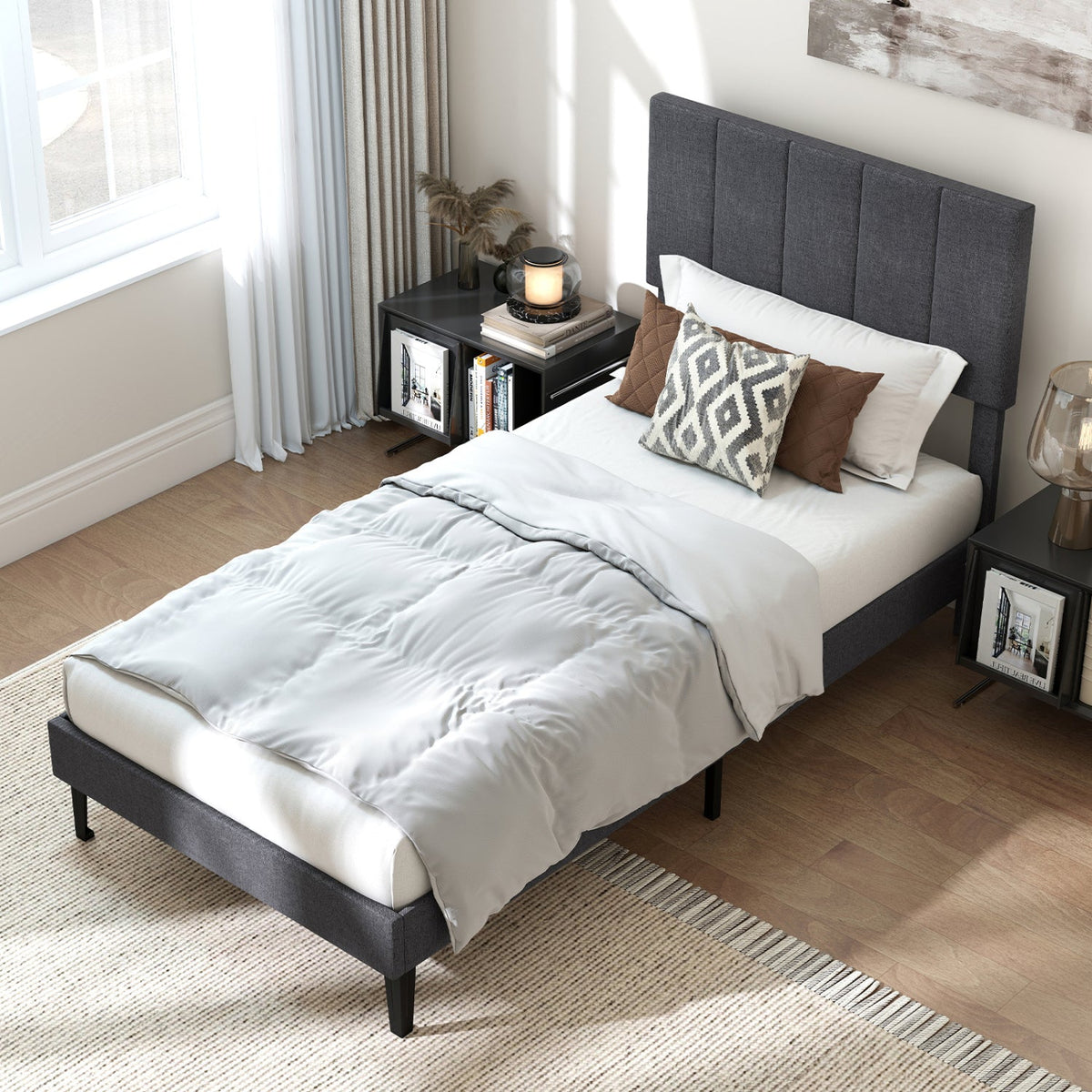 Velvet Upholstered Platform Bed with Height Adjustable Vertical Channel Headboard-Beds & Bed Frames-DECOROLALA