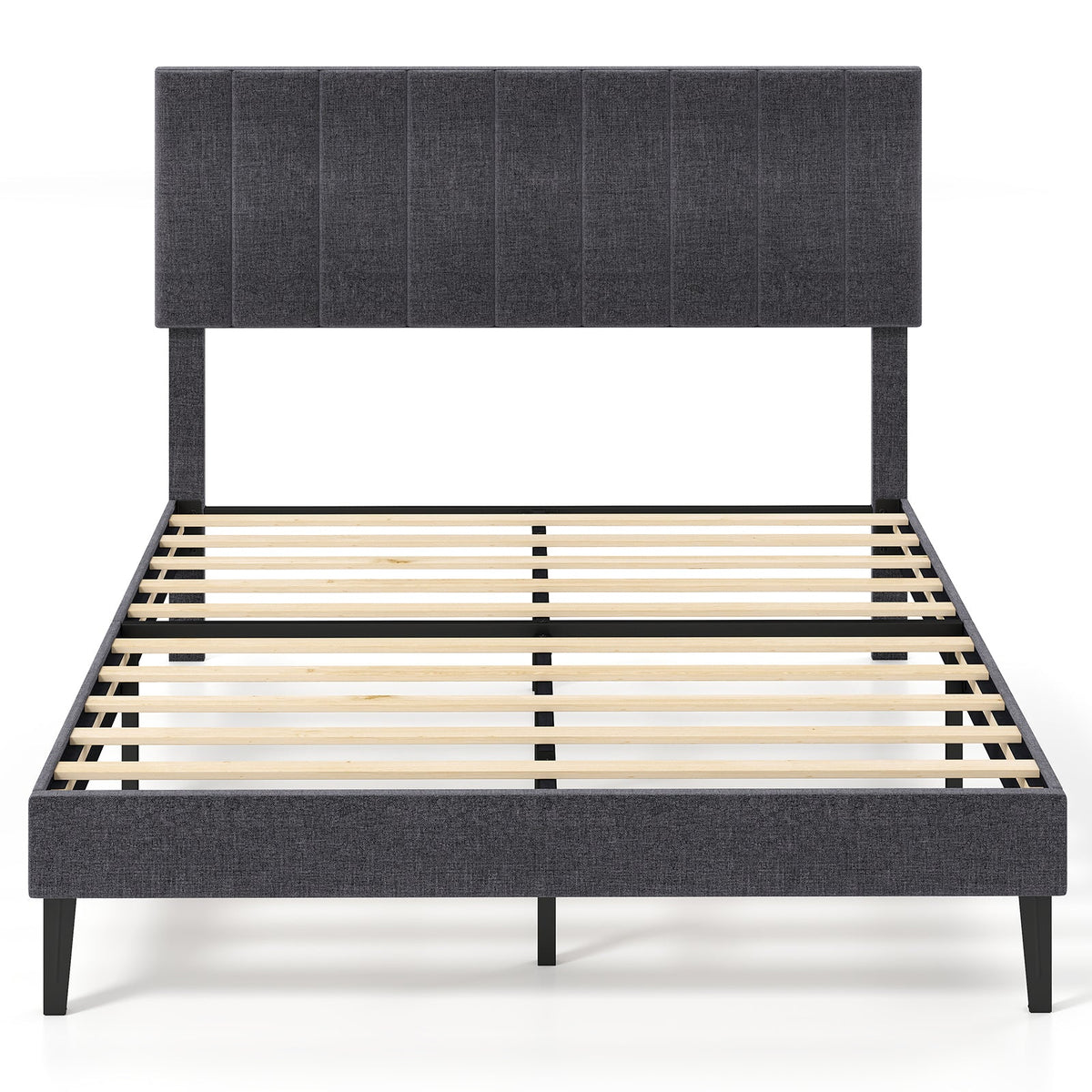 Velvet Upholstered Platform Bed with Height Adjustable Vertical Channel Headboard-Beds & Bed Frames-DECOROLALA