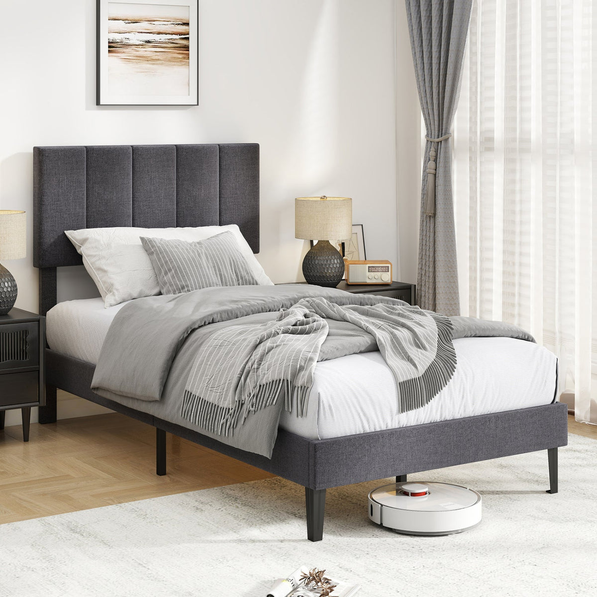 Velvet Upholstered Platform Bed with Height Adjustable Vertical Channel Headboard-Beds & Bed Frames-DECOROLALA