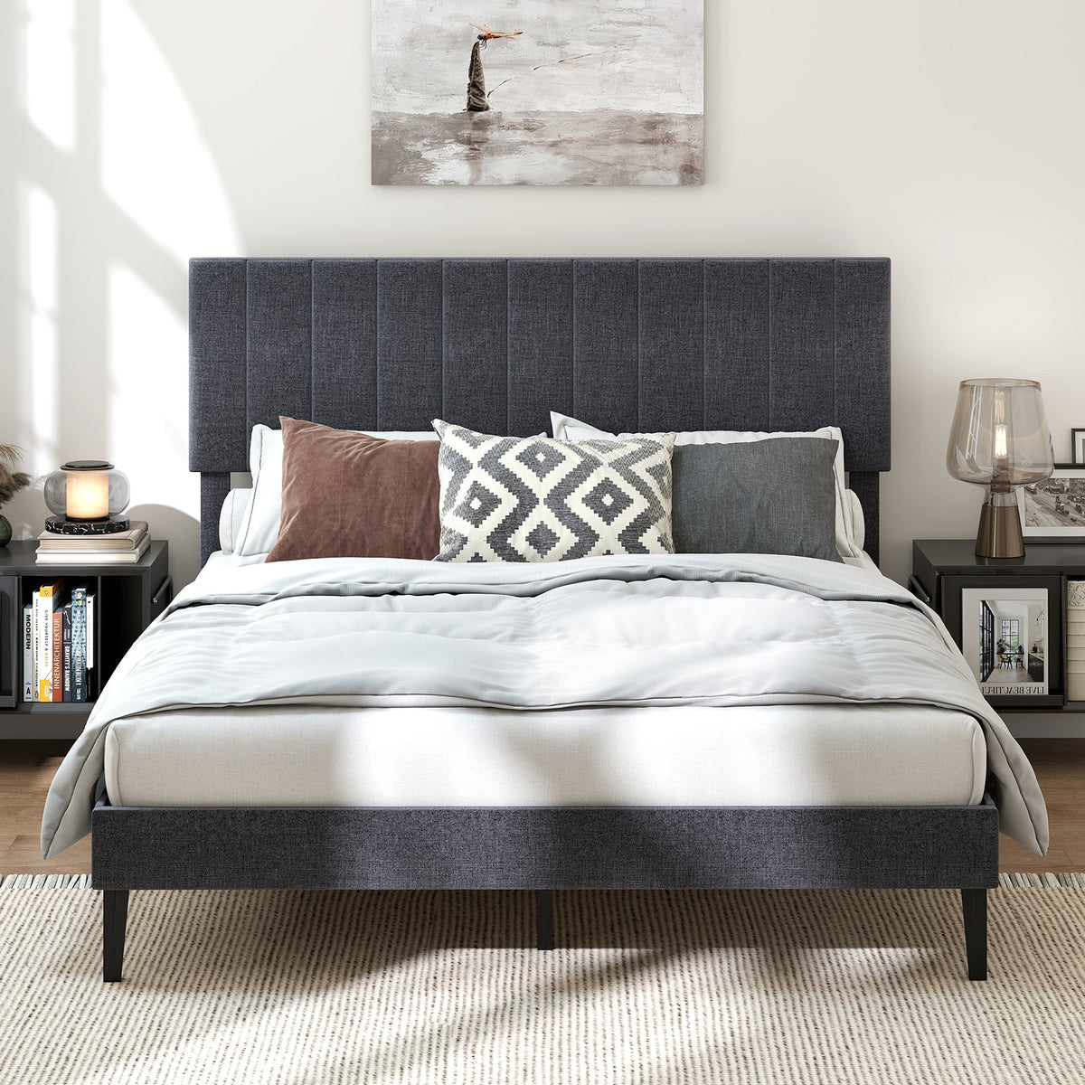 Velvet Upholstered Platform Bed with Height Adjustable Vertical Channel Headboard-Beds & Bed Frames-DECOROLALA