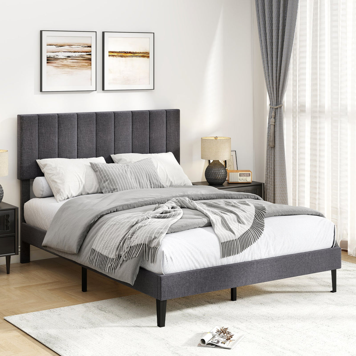 Velvet Upholstered Platform Bed with Height Adjustable Vertical Channel Headboard-Beds & Bed Frames-DECOROLALA
