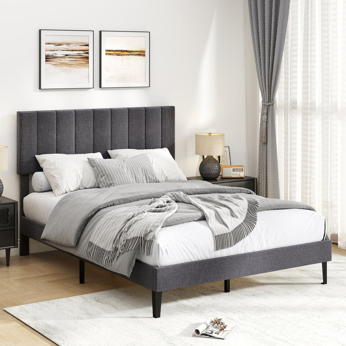 Velvet Upholstered Platform Bed with Height Adjustable Vertical Channel Headboard-Full Size-Beds & Bed Frames-DECOROLALA