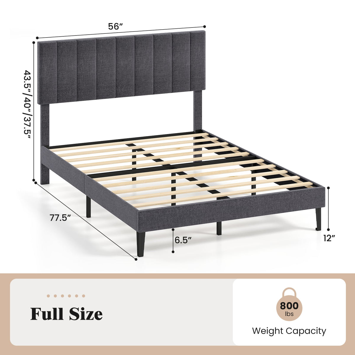 Velvet Upholstered Platform Bed with Height Adjustable Vertical Channel Headboard-Full Size-Beds & Bed Frames-DECOROLALA