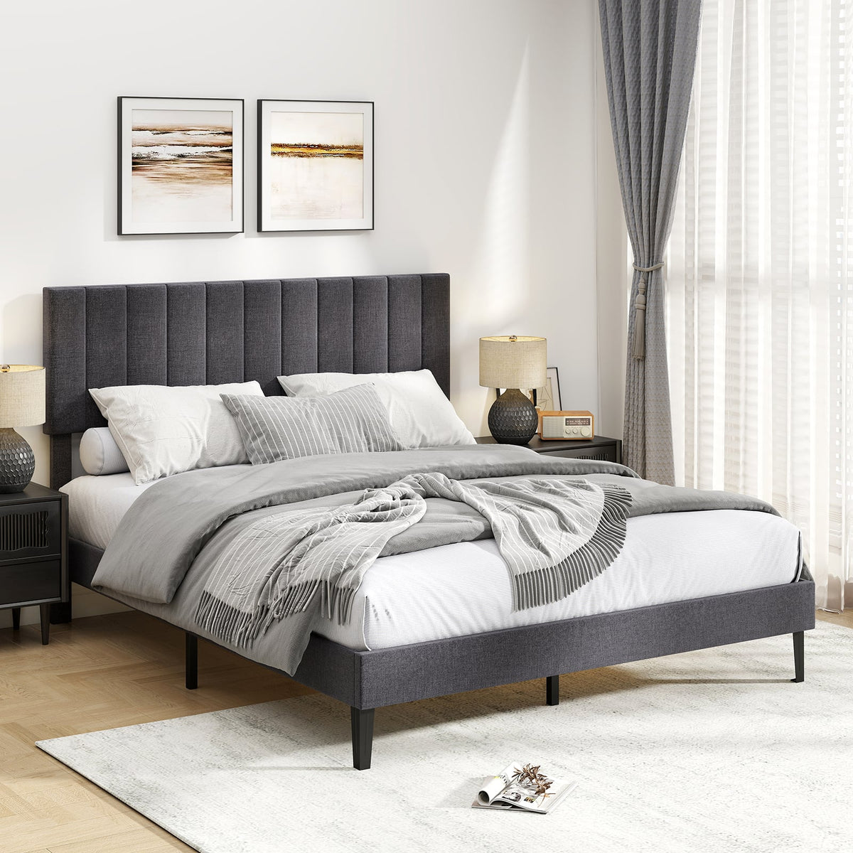 Velvet Upholstered Platform Bed with Height Adjustable Vertical Channel Headboard-Queen Size-Beds & Bed Frames-DECOROLALA