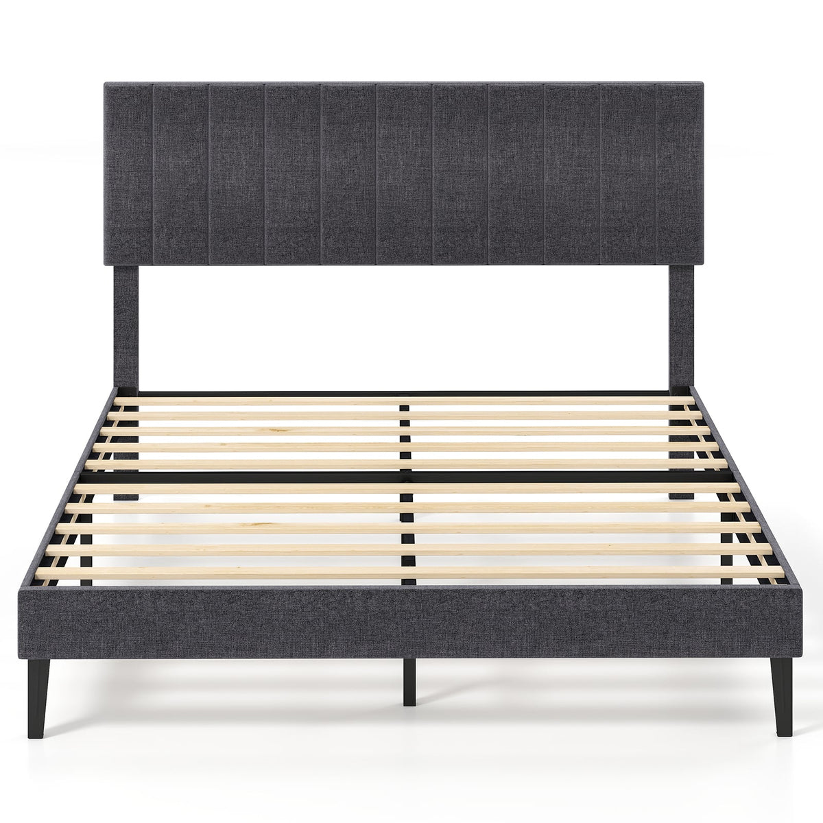 Velvet Upholstered Platform Bed with Height Adjustable Vertical Channel Headboard-Queen Size-Beds & Bed Frames-DECOROLALA