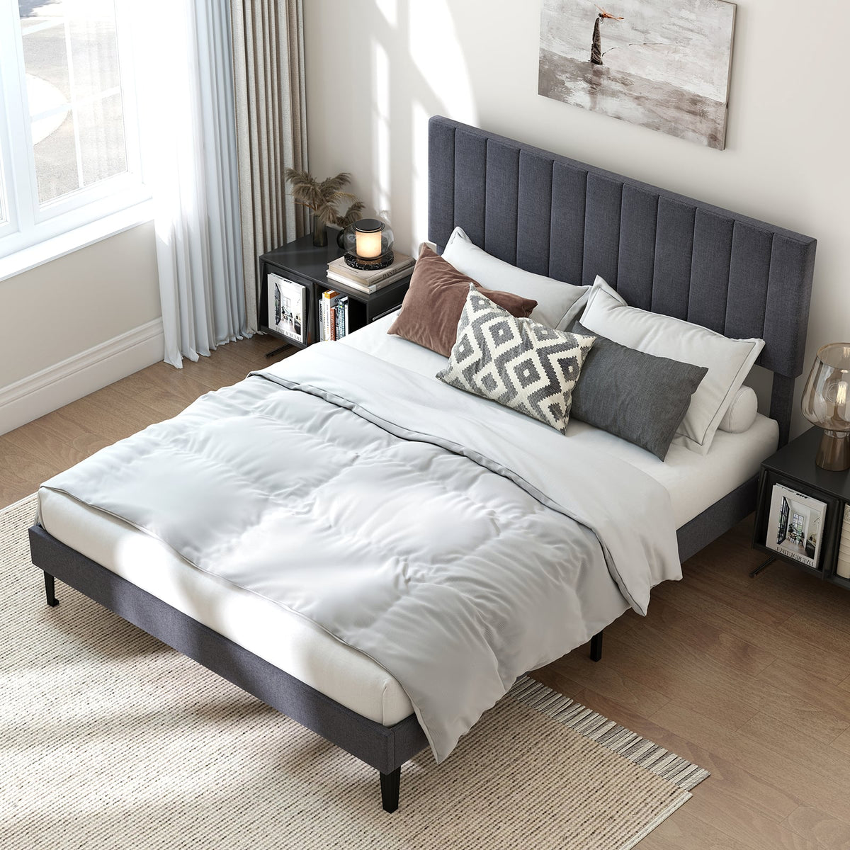 Velvet Upholstered Platform Bed with Height Adjustable Vertical Channel Headboard-Queen Size-Beds & Bed Frames-DECOROLALA