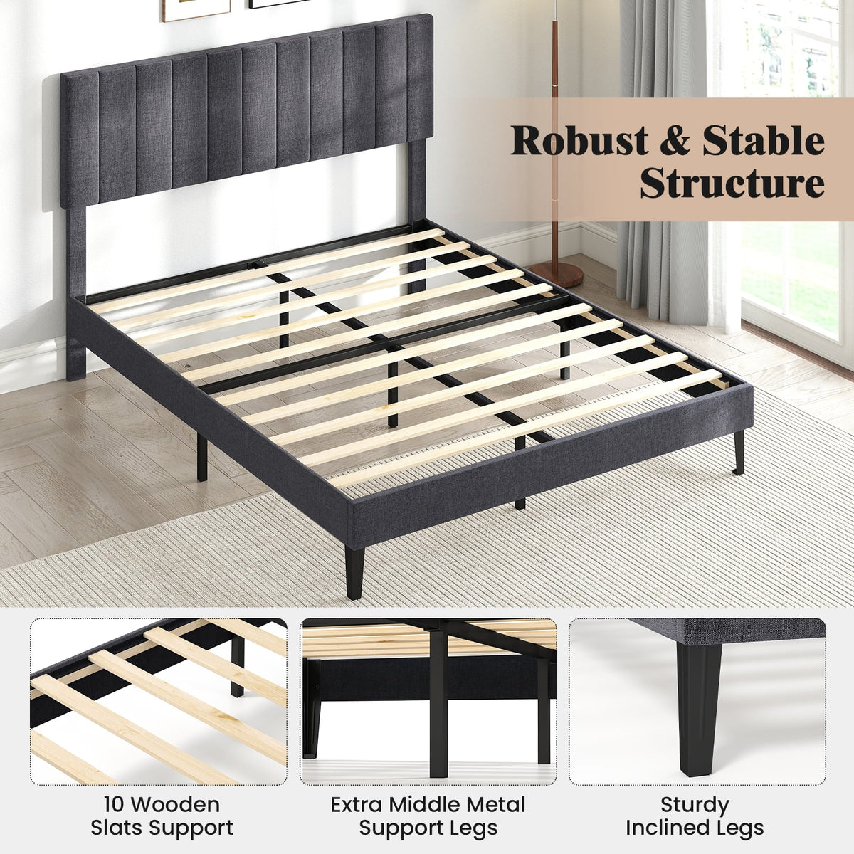 Velvet Upholstered Platform Bed with Height Adjustable Vertical Channel Headboard-Queen Size-Beds & Bed Frames-DECOROLALA