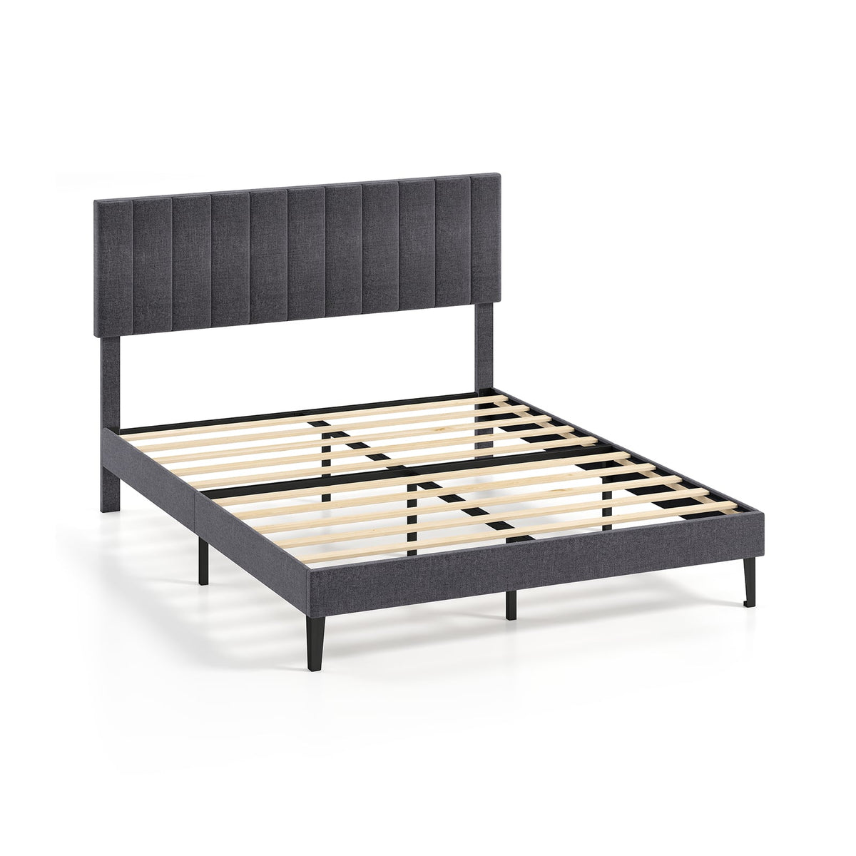 Velvet Upholstered Platform Bed with Height Adjustable Vertical Channel Headboard-Queen Size-Beds & Bed Frames-DECOROLALA