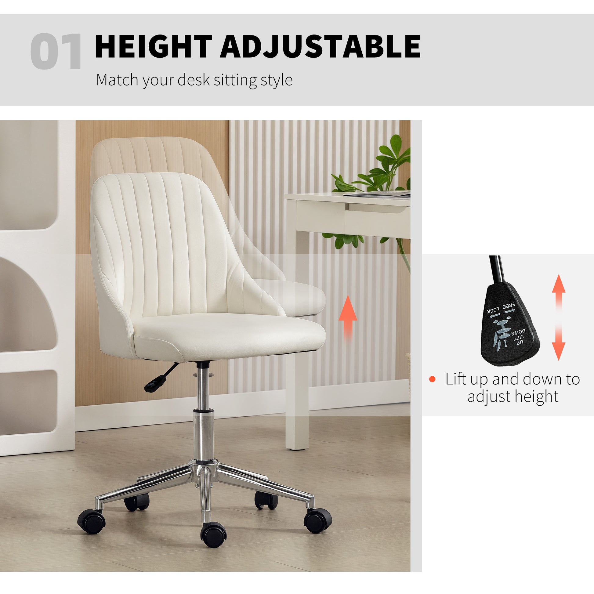 Velvet Vanity Chair - Adjustable Swivel Cream White-Office Products > Office Furniture > Office Chairs > Task Chairs-DECOROLALA