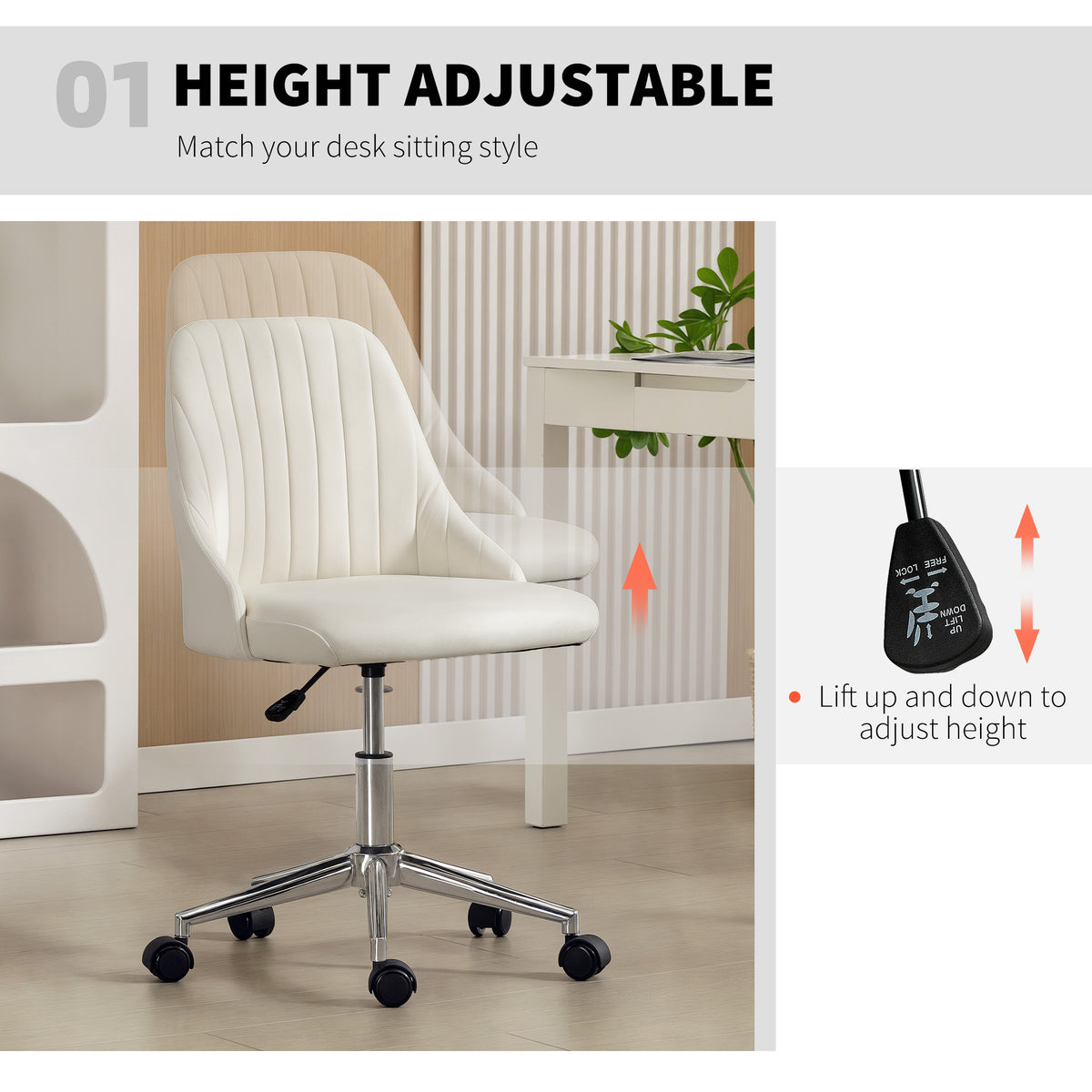 Velvet Vanity Chair - Adjustable Swivel Cream White-Office Products > Office Furniture > Office Chairs > Task Chairs-DECOROLALA