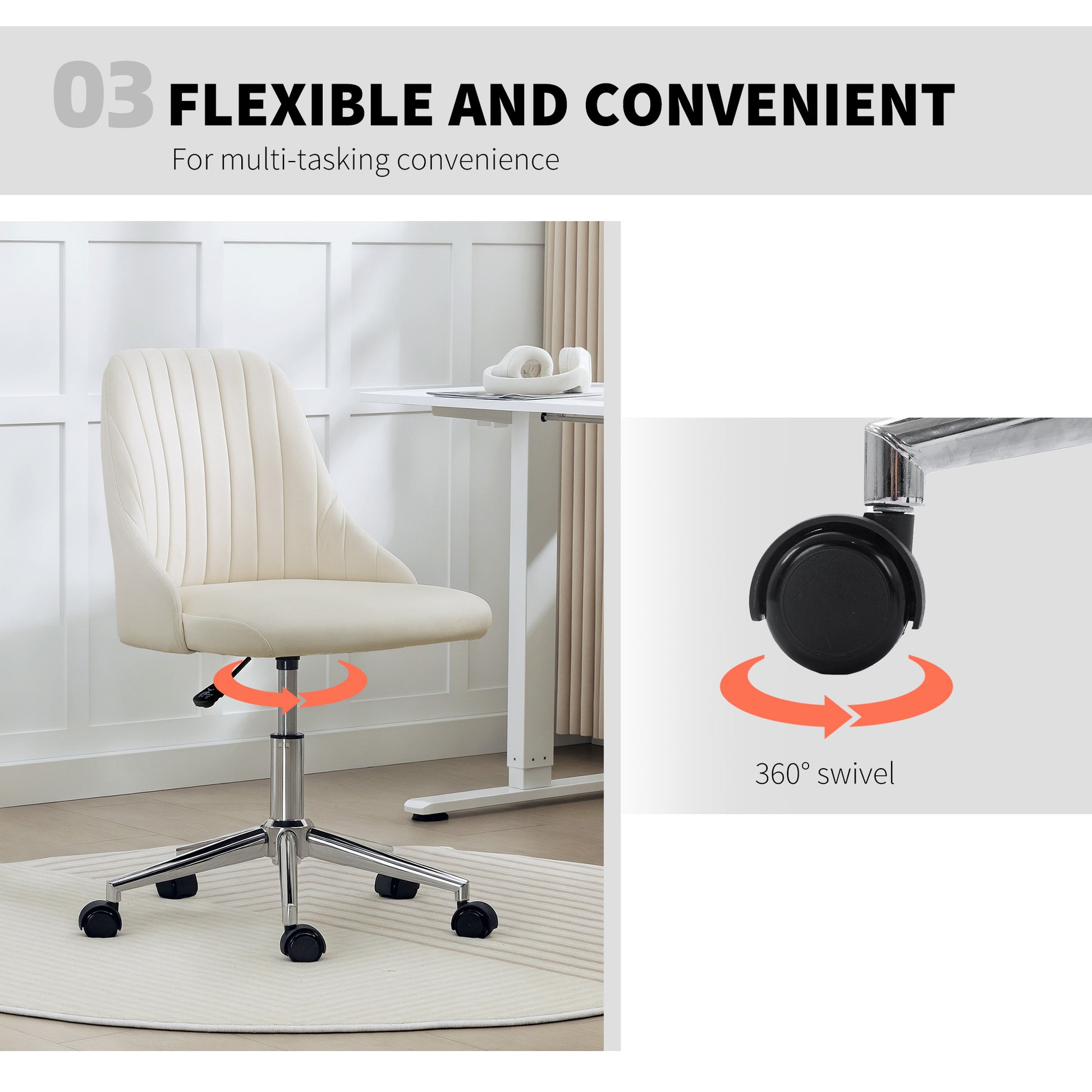 Velvet Vanity Chair - Adjustable Swivel Cream White-Office Products > Office Furniture > Office Chairs > Task Chairs-DECOROLALA