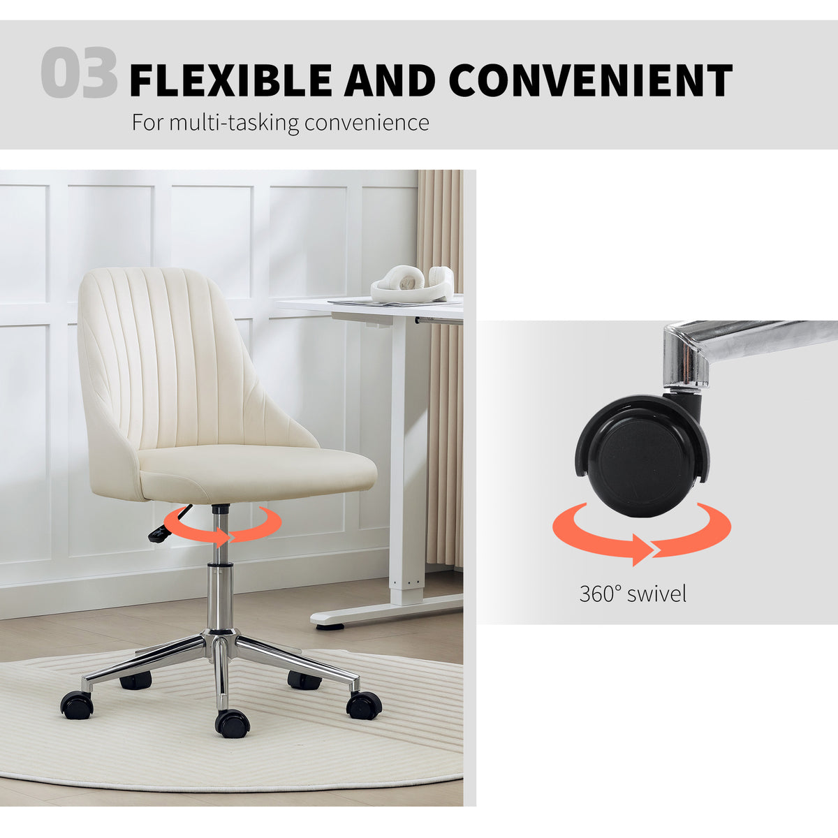 Velvet Vanity Chair - Adjustable Swivel Cream White-Office Products > Office Furniture > Office Chairs > Task Chairs-DECOROLALA