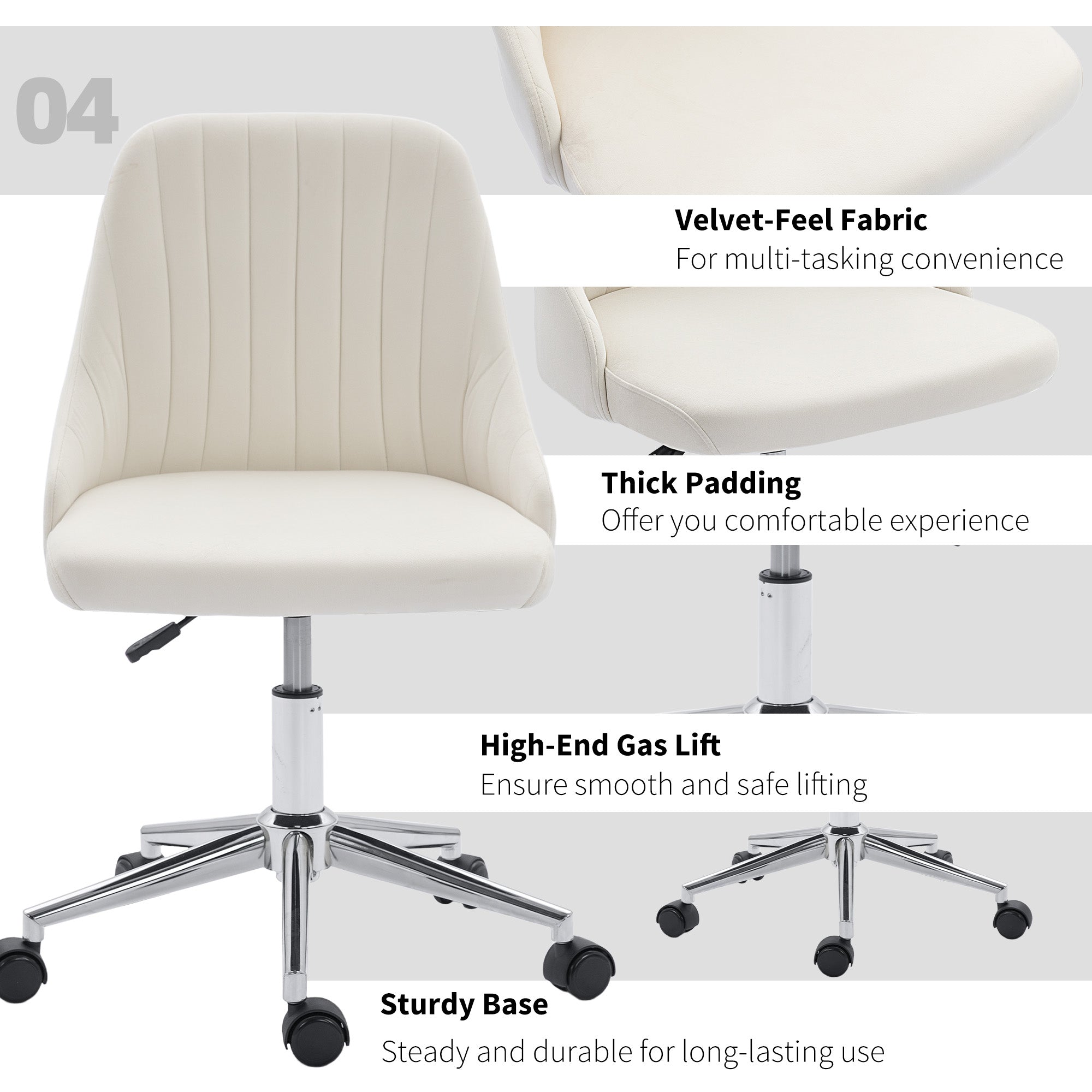 Velvet Vanity Chair - Adjustable Swivel Cream White-Office Products > Office Furniture > Office Chairs > Task Chairs-DECOROLALA
