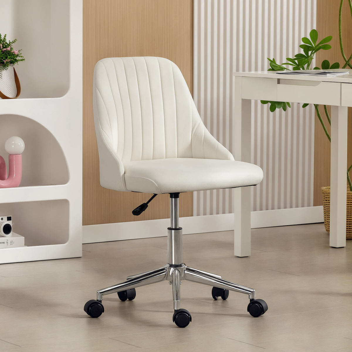 Velvet Vanity Chair - Adjustable Swivel Cream White-Office Products > Office Furniture > Office Chairs > Task Chairs-DECOROLALA