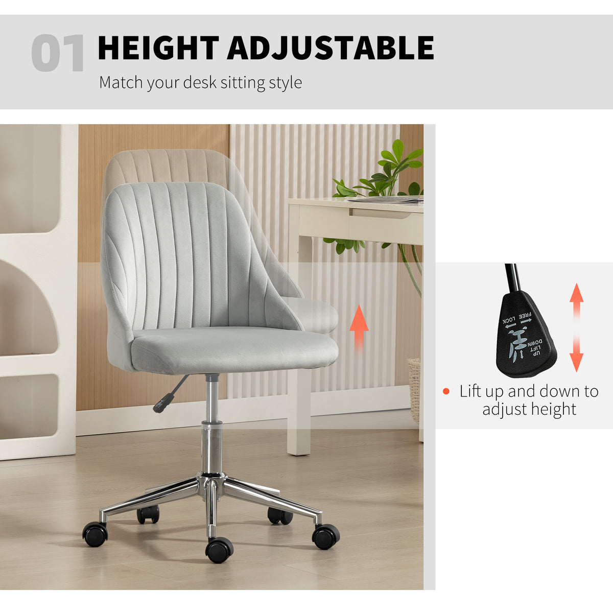 Velvet Vanity Chair - Grey Scallop Swivel Office Chair-Office Products > Office Furniture > Office Chairs > Task Chairs-DECOROLALA