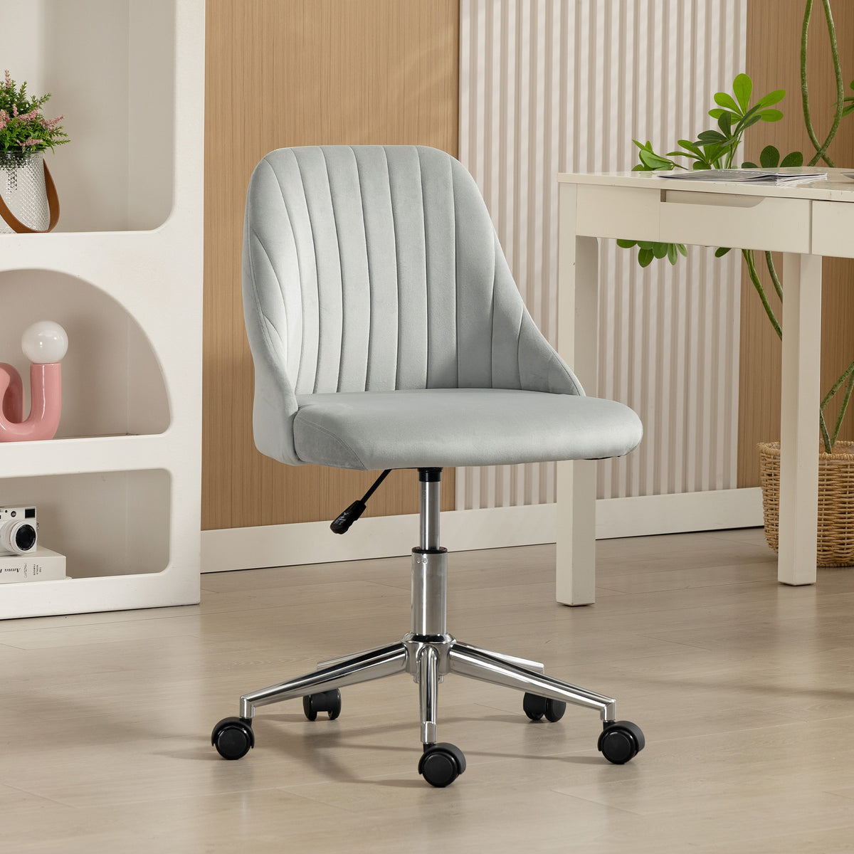 Velvet Vanity Chair - Grey Scallop Swivel Office Chair-Office Products > Office Furniture > Office Chairs > Task Chairs-DECOROLALA
