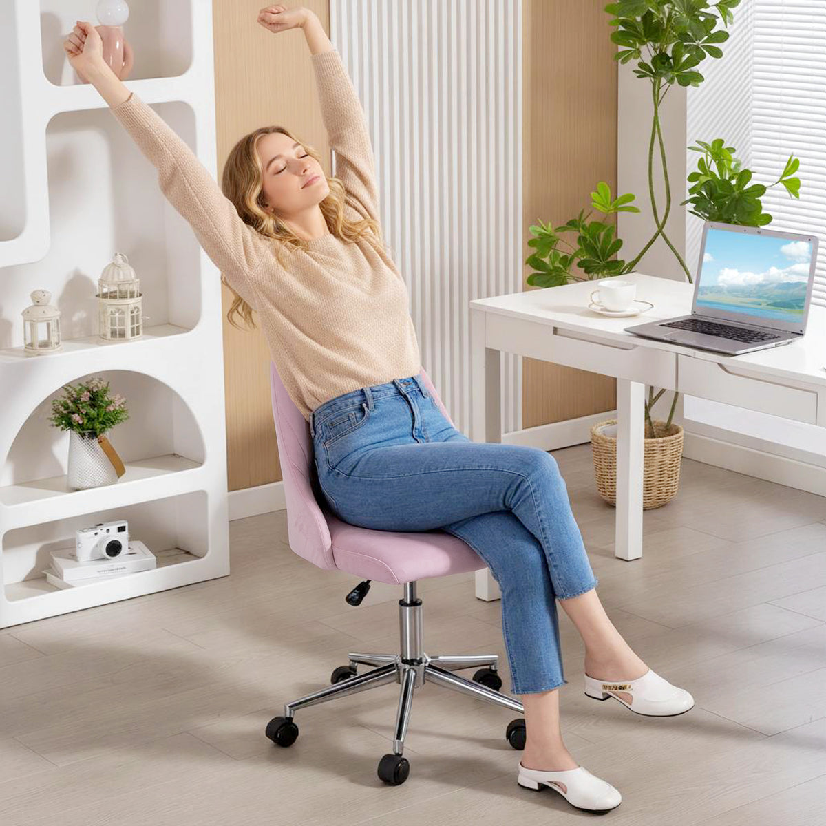 Velvet Vanity Chair - Pink Scallop Swivel Office Chair-Office Products > Office Furniture > Office Chairs > Task Chairs-DECOROLALA