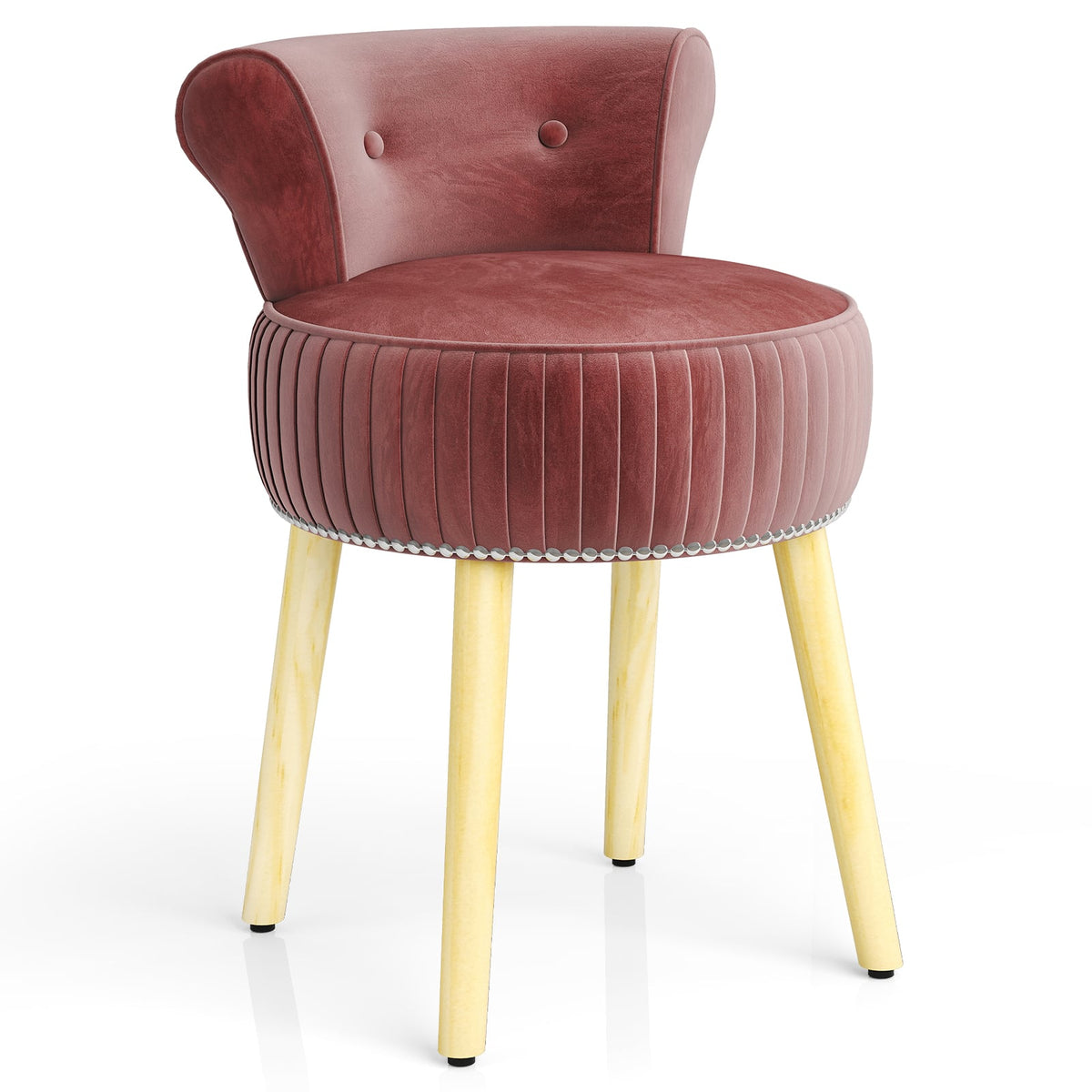 Velvet Vanity Chair with Back Upholstered Vanity Stool with Tufted Low Back and Solid Wood Legs-Pink-Makeup Vanities-DECOROLALA