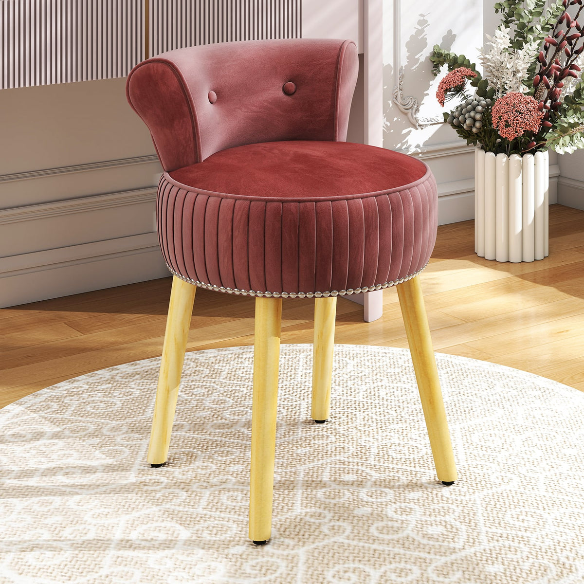 Velvet Vanity Chair with Back Upholstered Vanity Stool with Tufted Low Back and Solid Wood Legs-Pink-Makeup Vanities-DECOROLALA