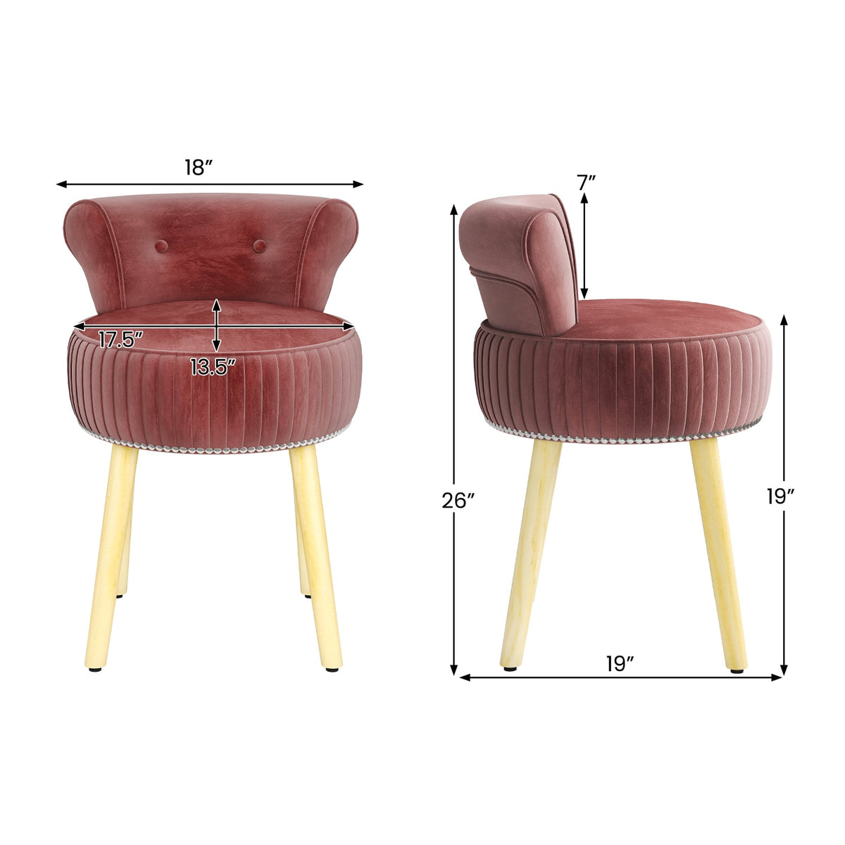 Velvet Vanity Chair with Back Upholstered Vanity Stool with Tufted Low Back and Solid Wood Legs-Pink-Makeup Vanities-DECOROLALA
