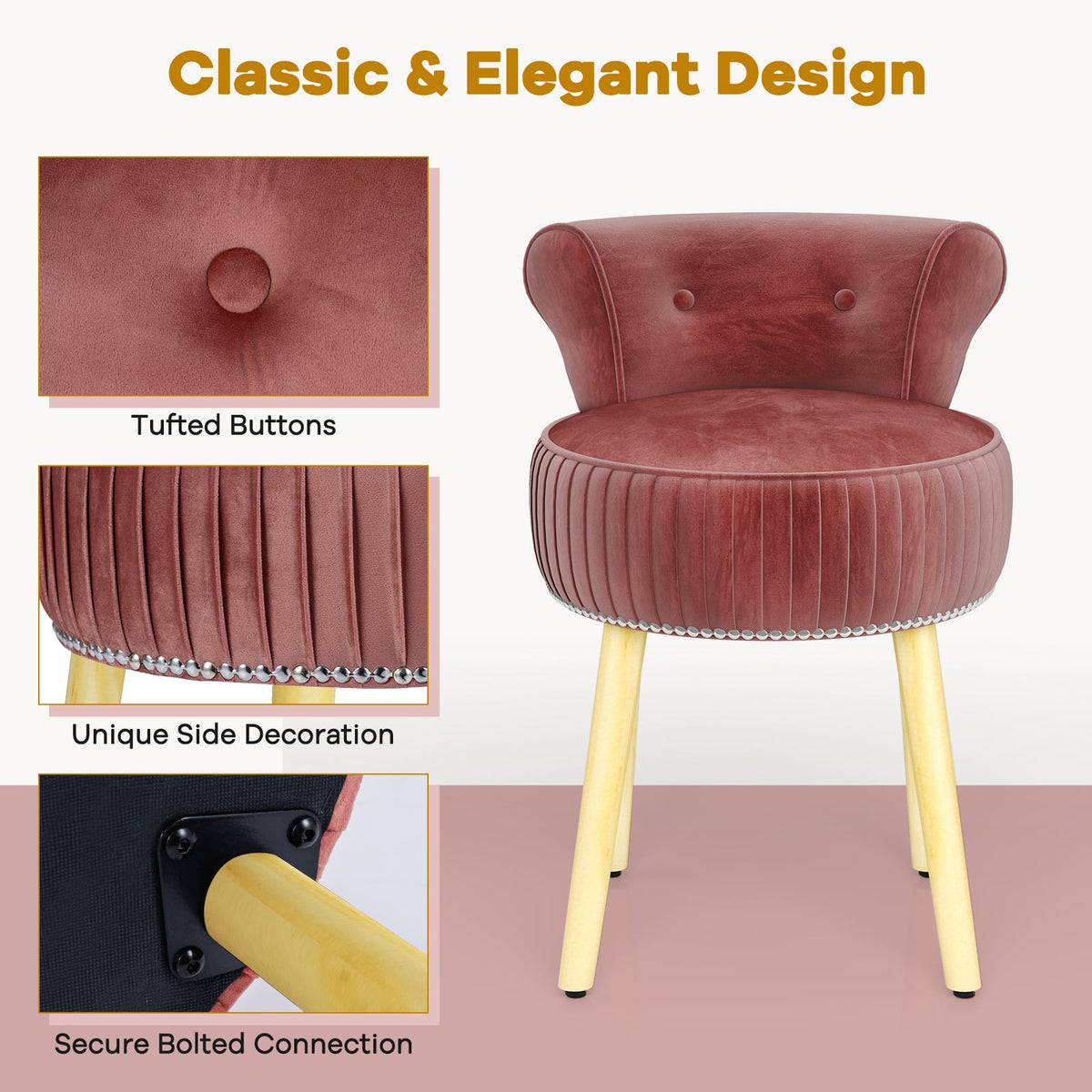 Velvet Vanity Chair with Back Upholstered Vanity Stool with Tufted Low Back and Solid Wood Legs-Pink-Makeup Vanities-DECOROLALA