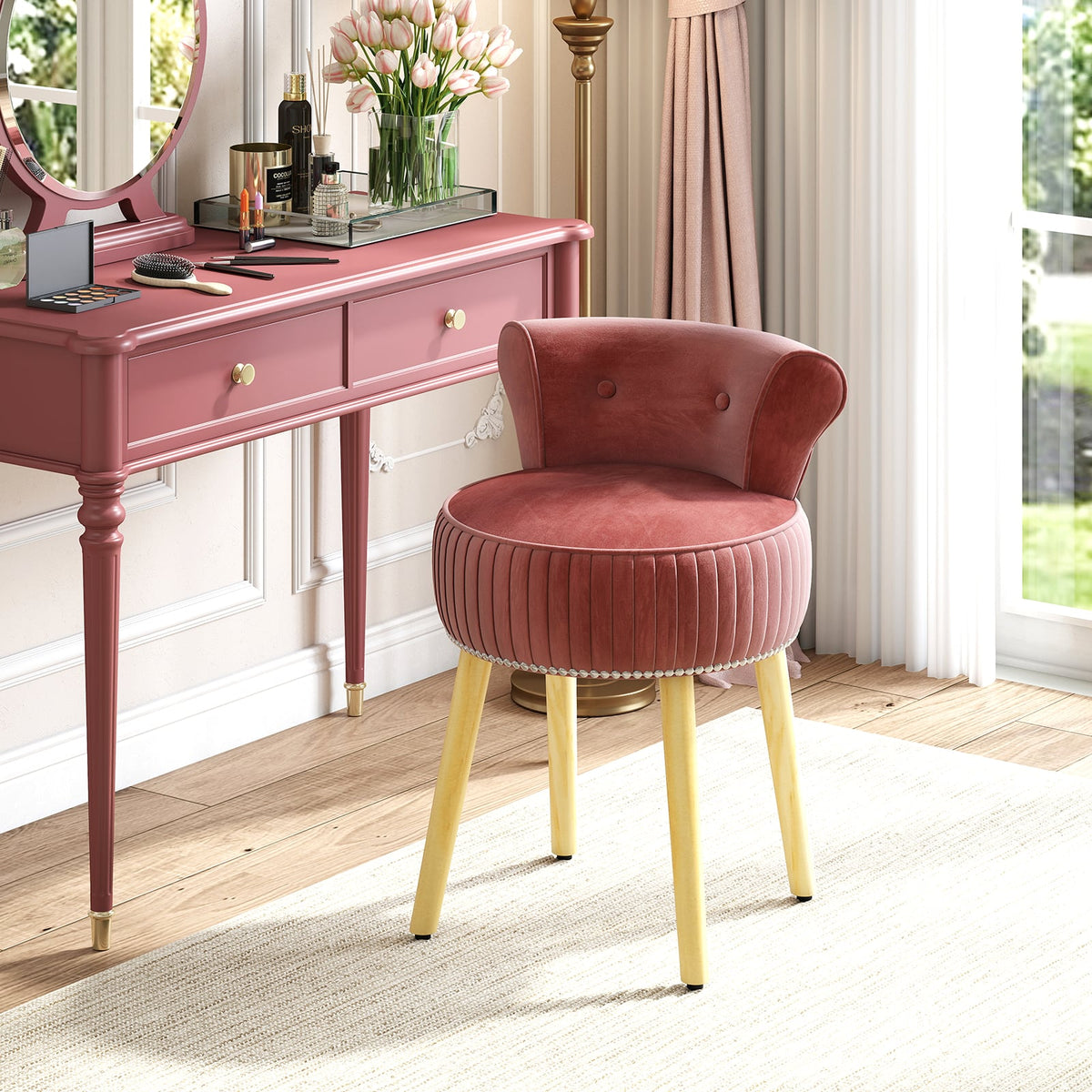 Velvet Vanity Chair with Back Upholstered Vanity Stool with Tufted Low Back and Solid Wood Legs-Pink-Makeup Vanities-DECOROLALA