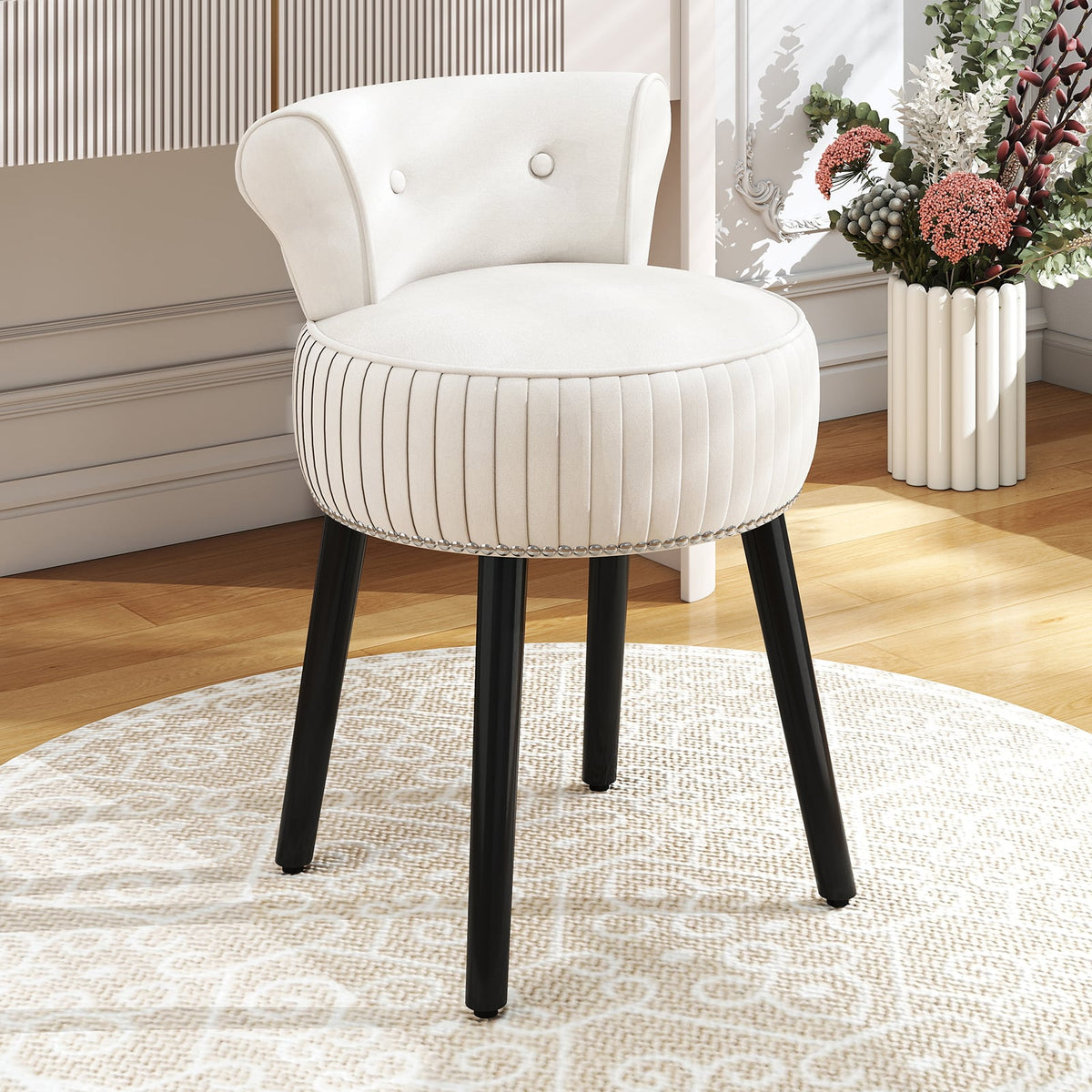 Velvet Vanity Chair with Back Upholstered Vanity Stool with Tufted Low Back and Solid Wood Legs-White-Makeup Vanities-DECOROLALA