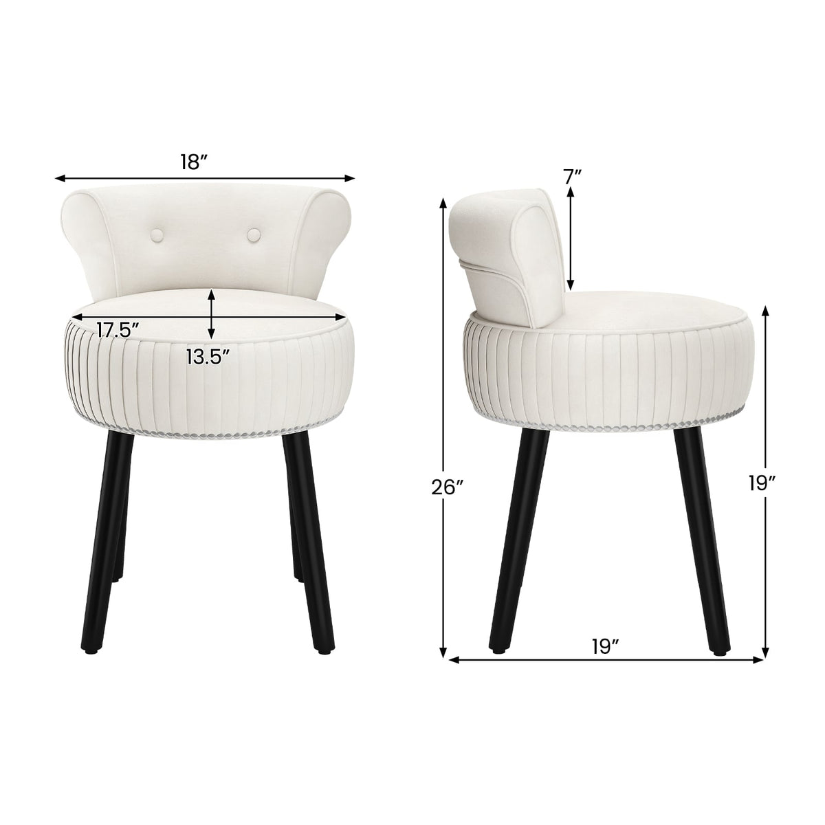 Velvet Vanity Chair with Back Upholstered Vanity Stool with Tufted Low Back and Solid Wood Legs-White-Makeup Vanities-DECOROLALA