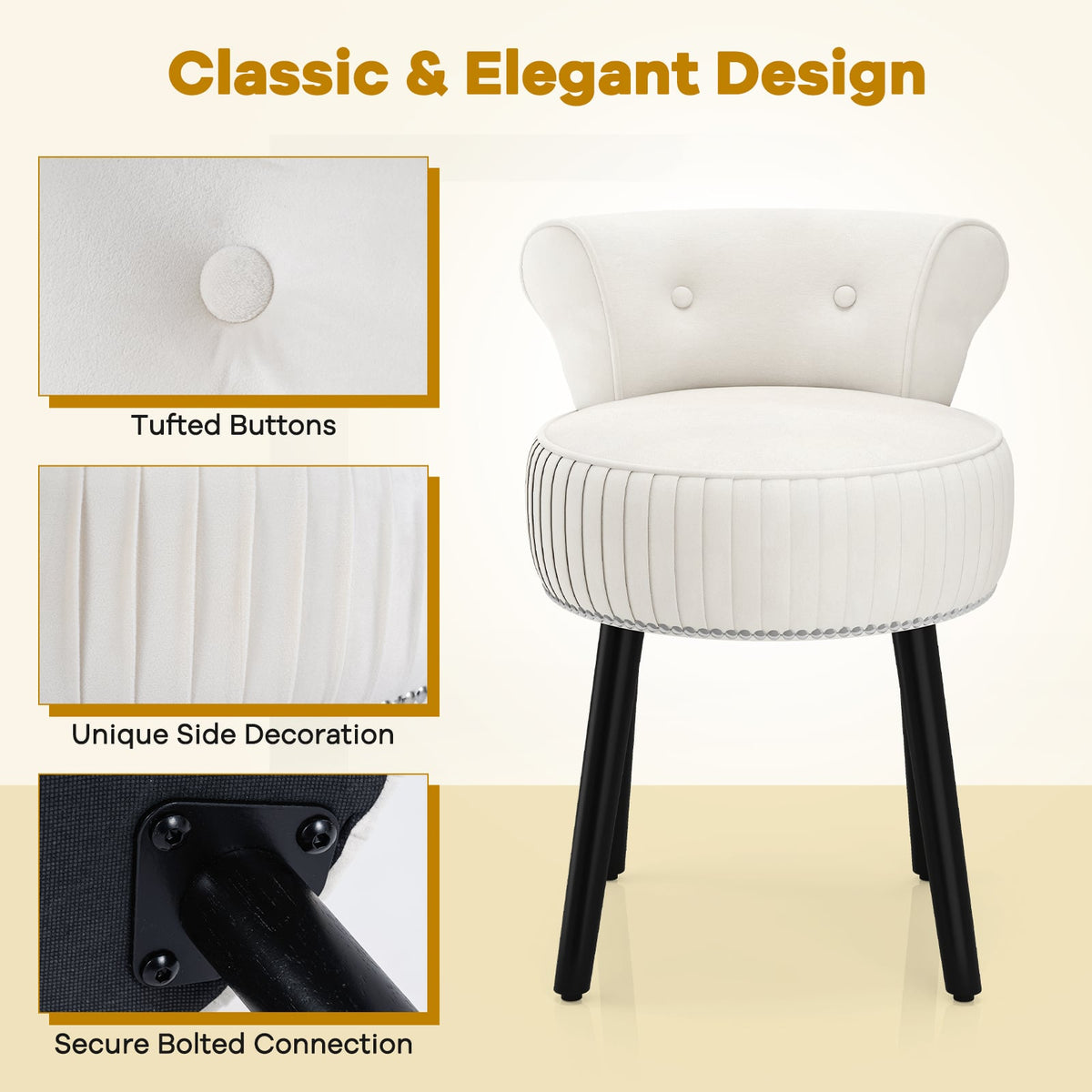 Velvet Vanity Chair with Back Upholstered Vanity Stool with Tufted Low Back and Solid Wood Legs-White-Makeup Vanities-DECOROLALA