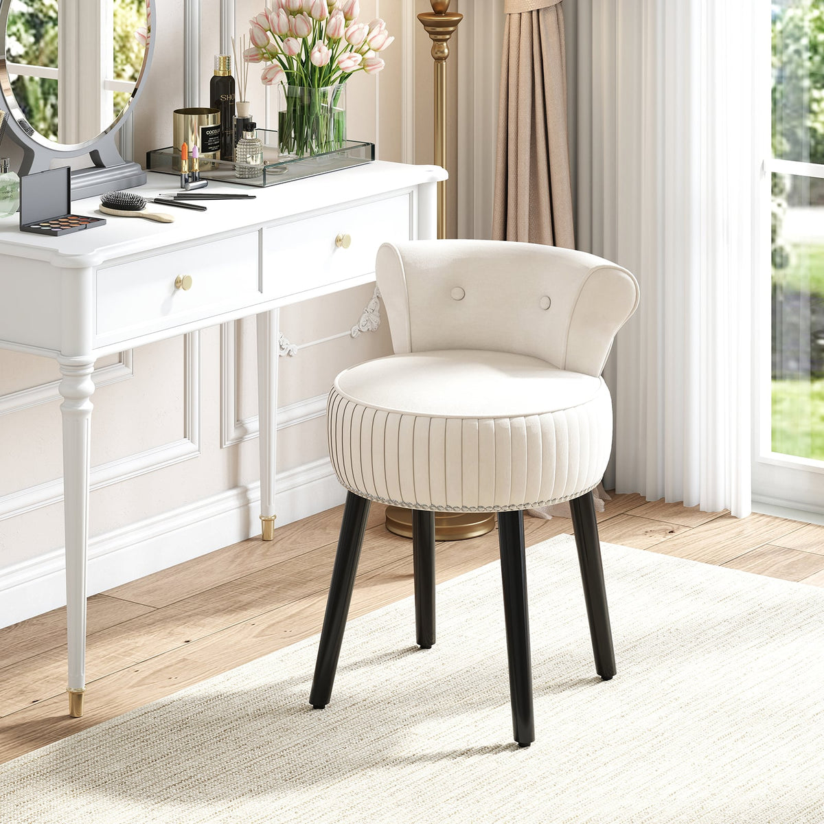 Velvet Vanity Chair with Back Upholstered Vanity Stool with Tufted Low Back and Solid Wood Legs-White-Makeup Vanities-DECOROLALA