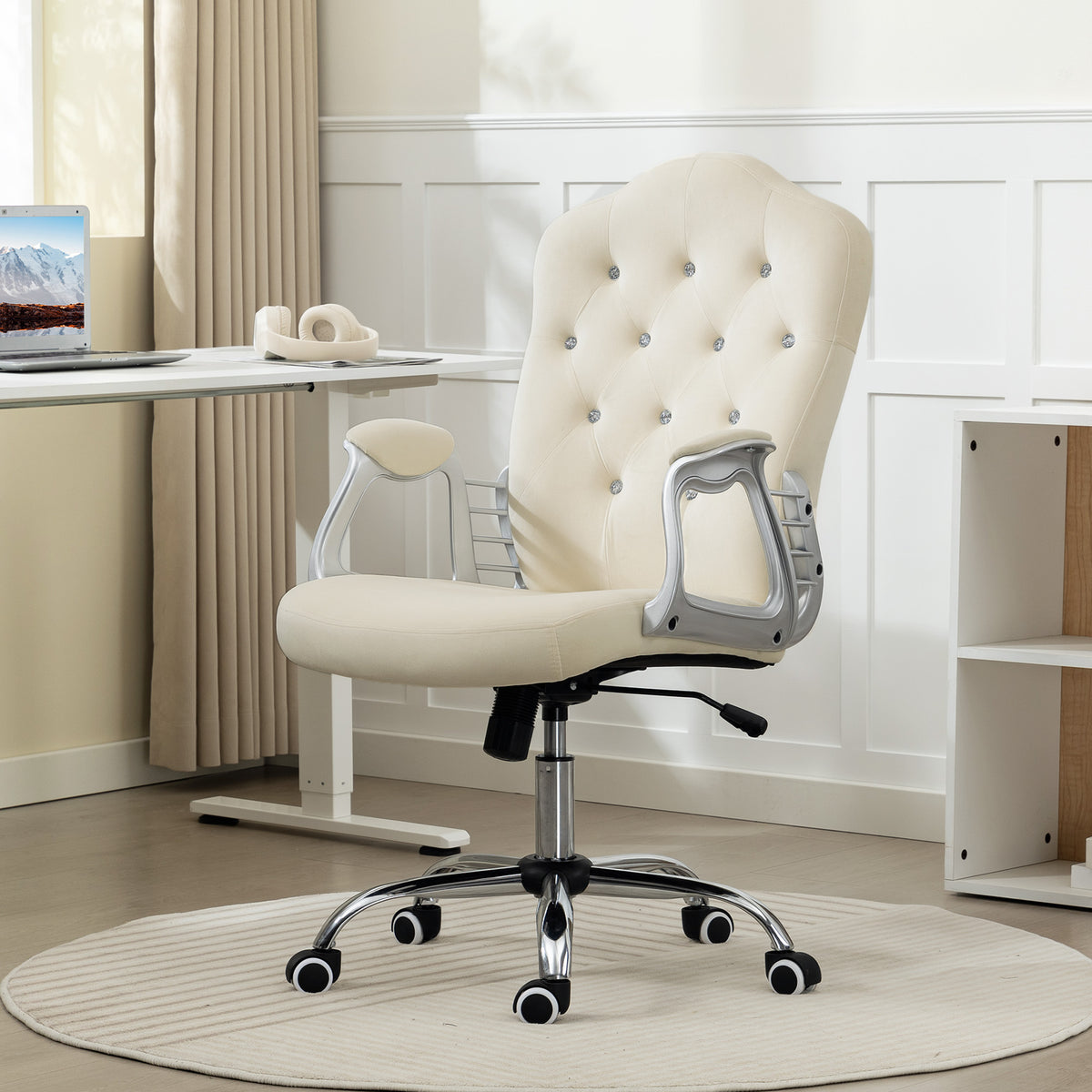 Velvet Vanity Office Chair - Beige Tufted Desk Chair-Office Products > Office Furniture > Office Chairs > Task Chairs-DECOROLALA