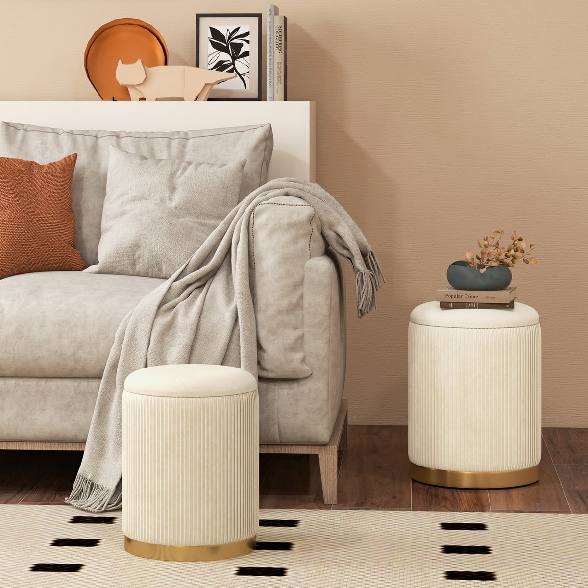 Velvet/Linen Fabric Storage Ottoman Set of 2-Golden-Ottomans-DECOROLALA