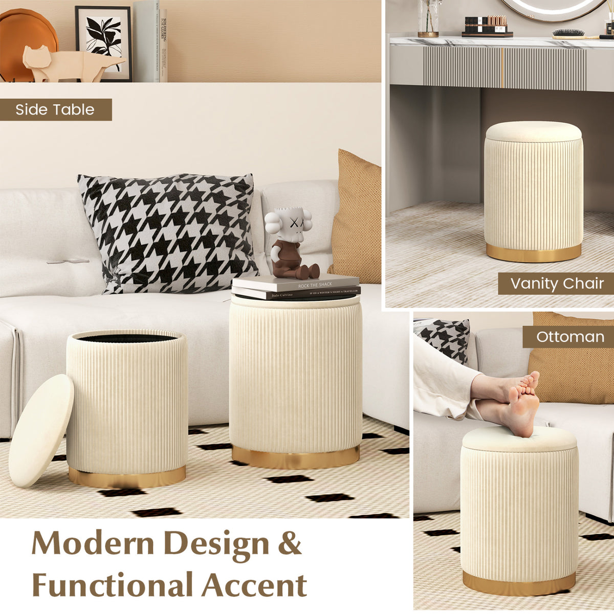 Velvet/Linen Fabric Storage Ottoman Set of 2-Golden-Ottomans-DECOROLALA