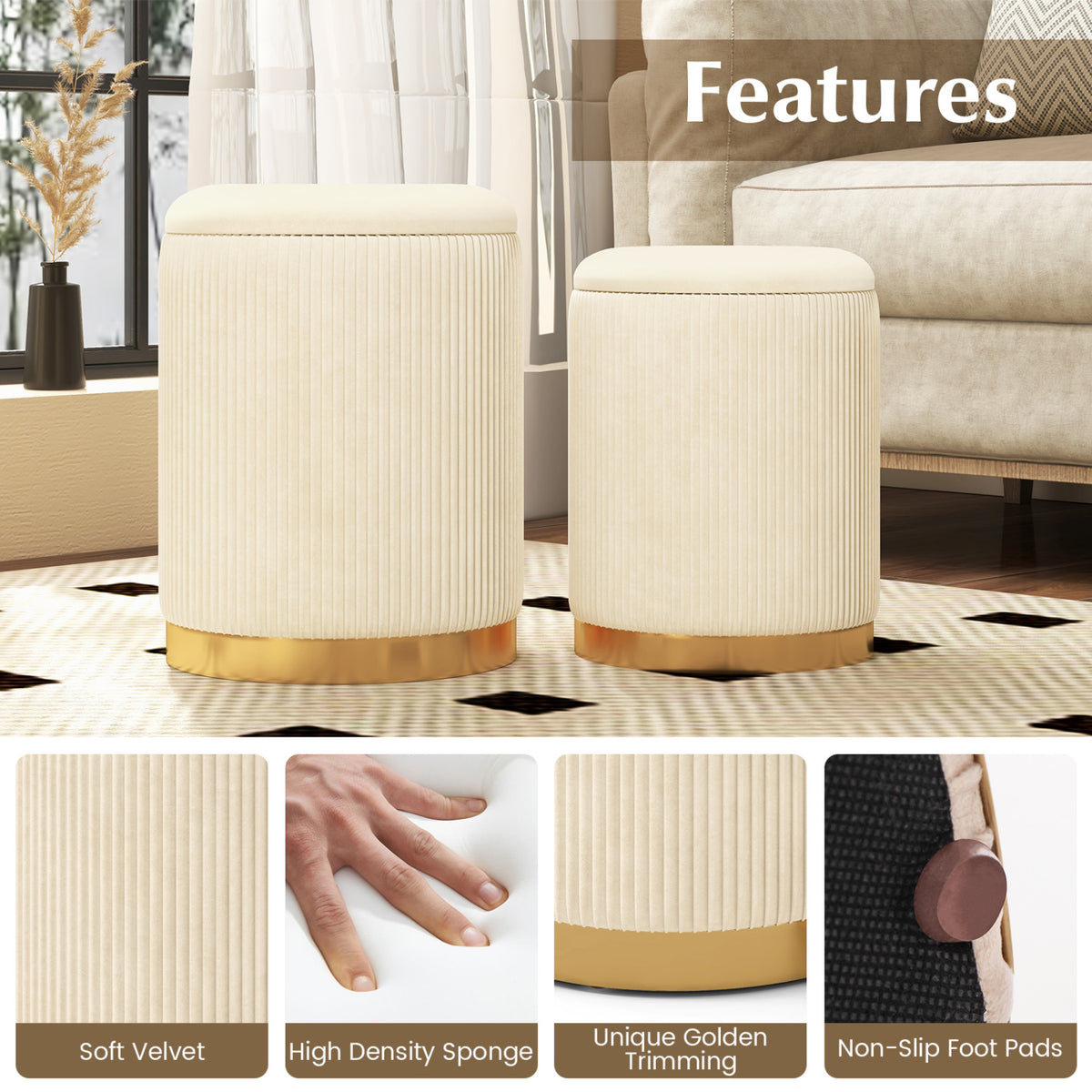 Velvet/Linen Fabric Storage Ottoman Set of 2-Golden-Ottomans-DECOROLALA