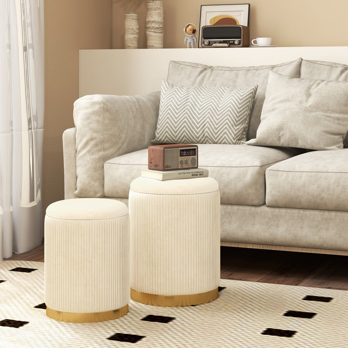 Velvet/Linen Fabric Storage Ottoman Set of 2-Golden-Ottomans-DECOROLALA