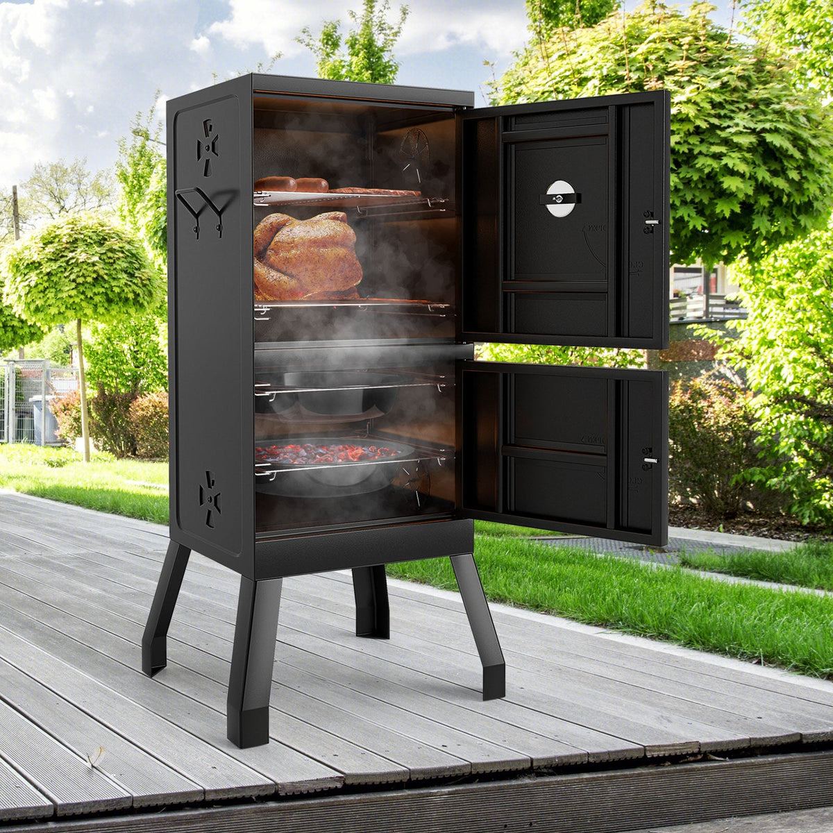Vertical 2-tier Outdoor Barbeque Grill with Temperature Gauge-Outdoor Grills-DECOROLALA