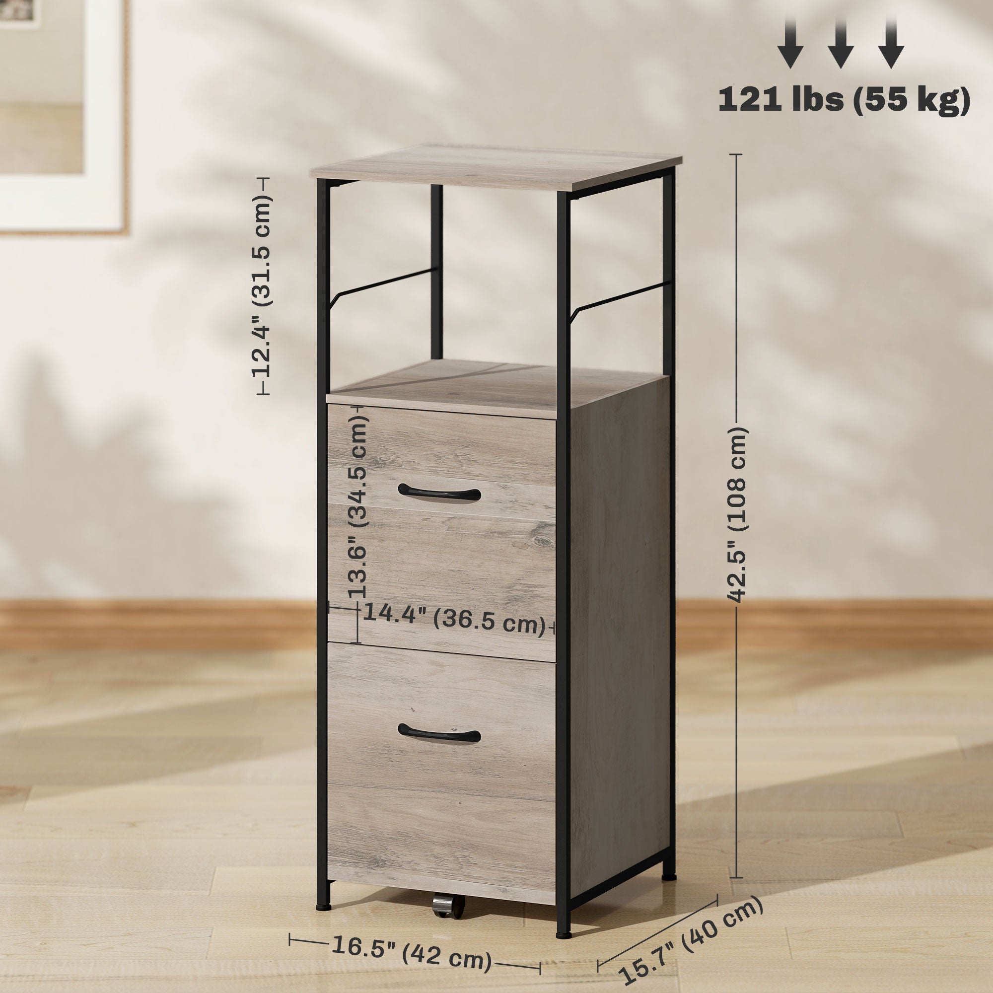 Vertical File Cabinet - 2 Drawers Distressed Grey-Office Products > Office Furniture > Office Cabinets & Cupboards-DECOROLALA