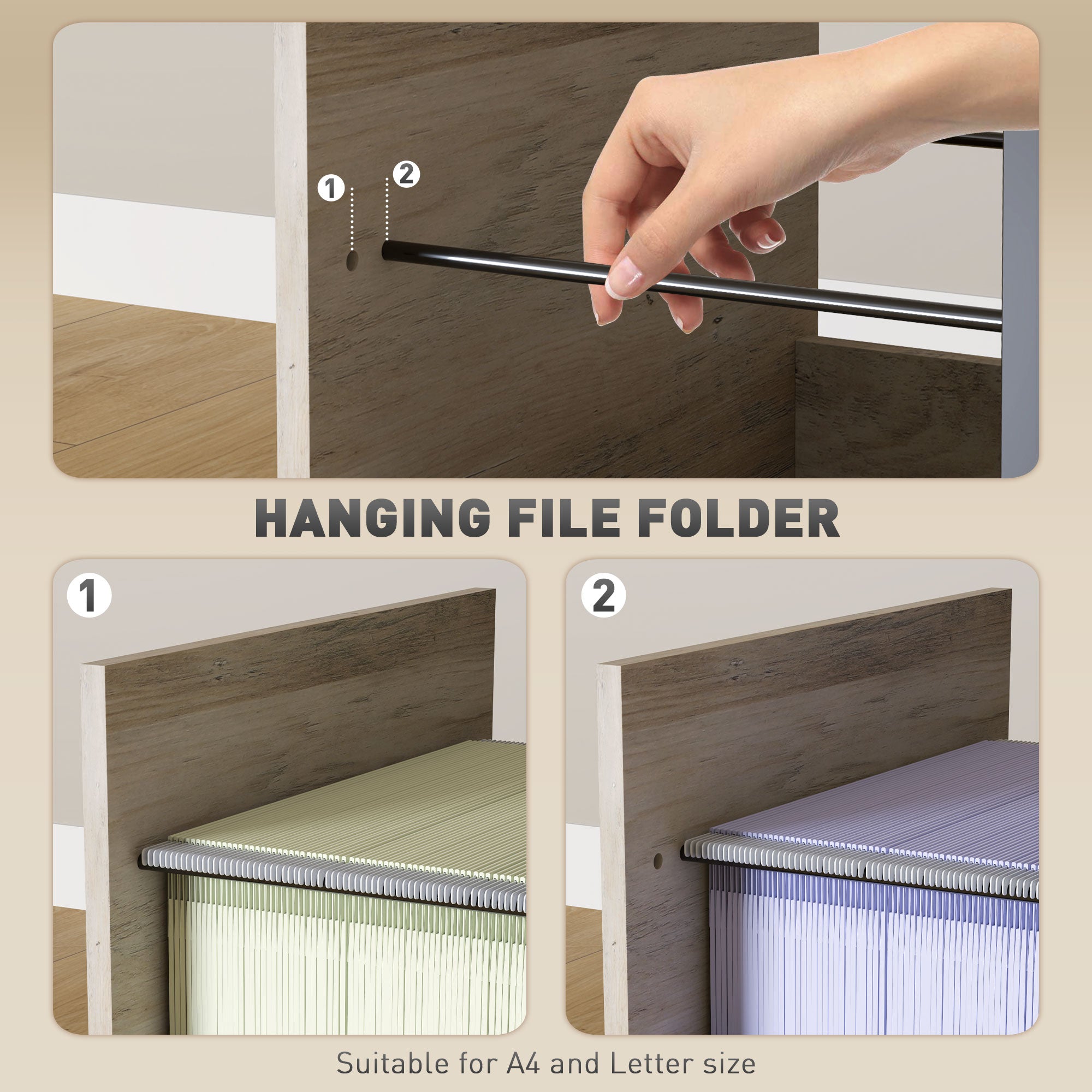 Vertical Filing Cabinet, Tall File Cabinet with 2 Drawers, Hanging Bars for Letter and A4 Size, Distressed Grey-Office Products > Office Furniture > Office Cabinets & Cupboards-DECOROLALA