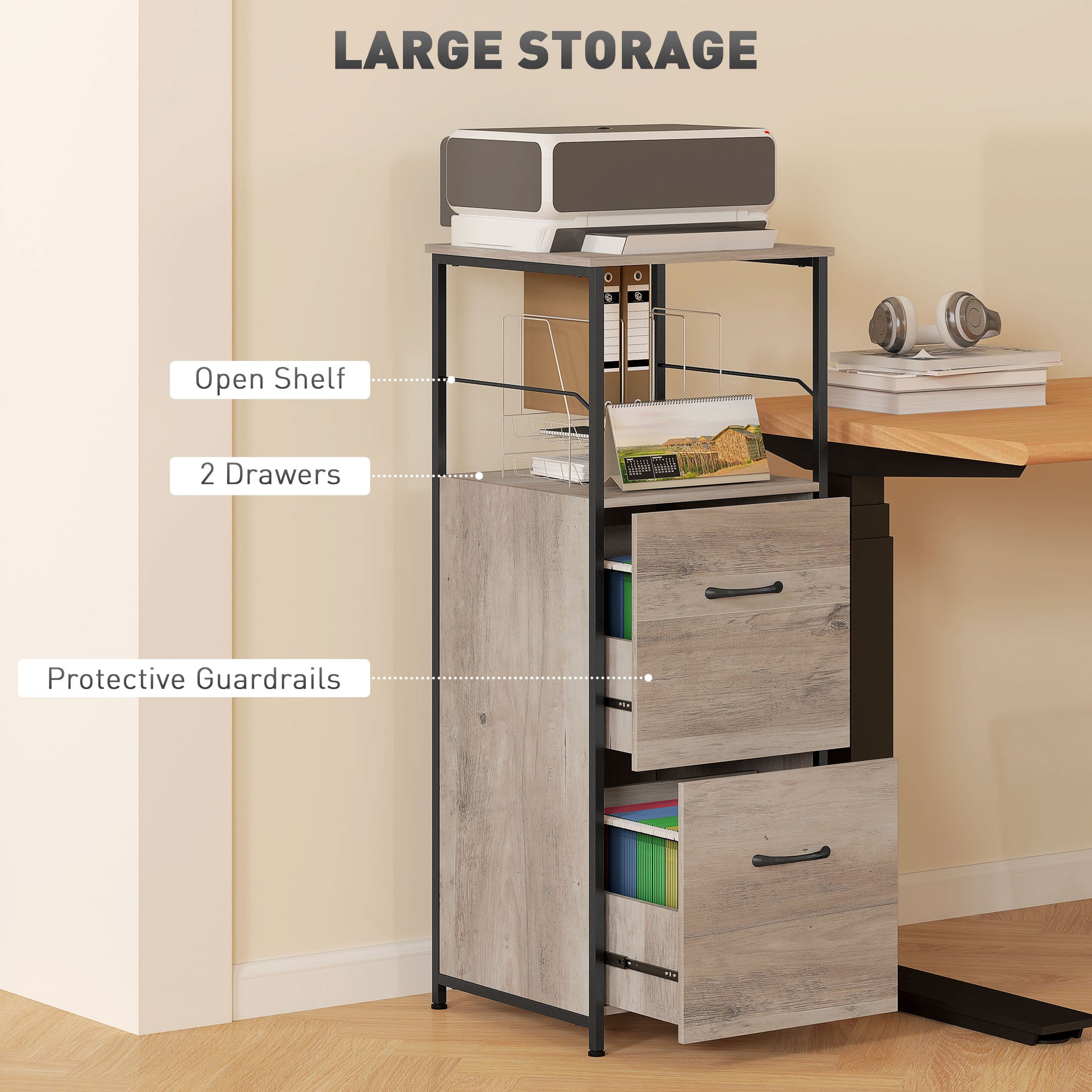 Vertical Filing Cabinet, Tall File Cabinet with 2 Drawers, Hanging Bars for Letter and A4 Size, Distressed Grey-Office Products > Office Furniture > Office Cabinets & Cupboards-DECOROLALA