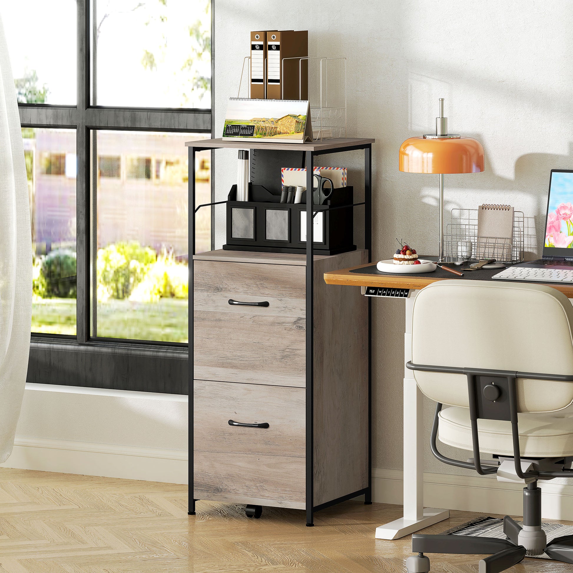 Vertical Filing Cabinet, Tall File Cabinet with 2 Drawers, Hanging Bars for Letter and A4 Size, Distressed Grey-Office Products > Office Furniture > Office Cabinets & Cupboards-DECOROLALA