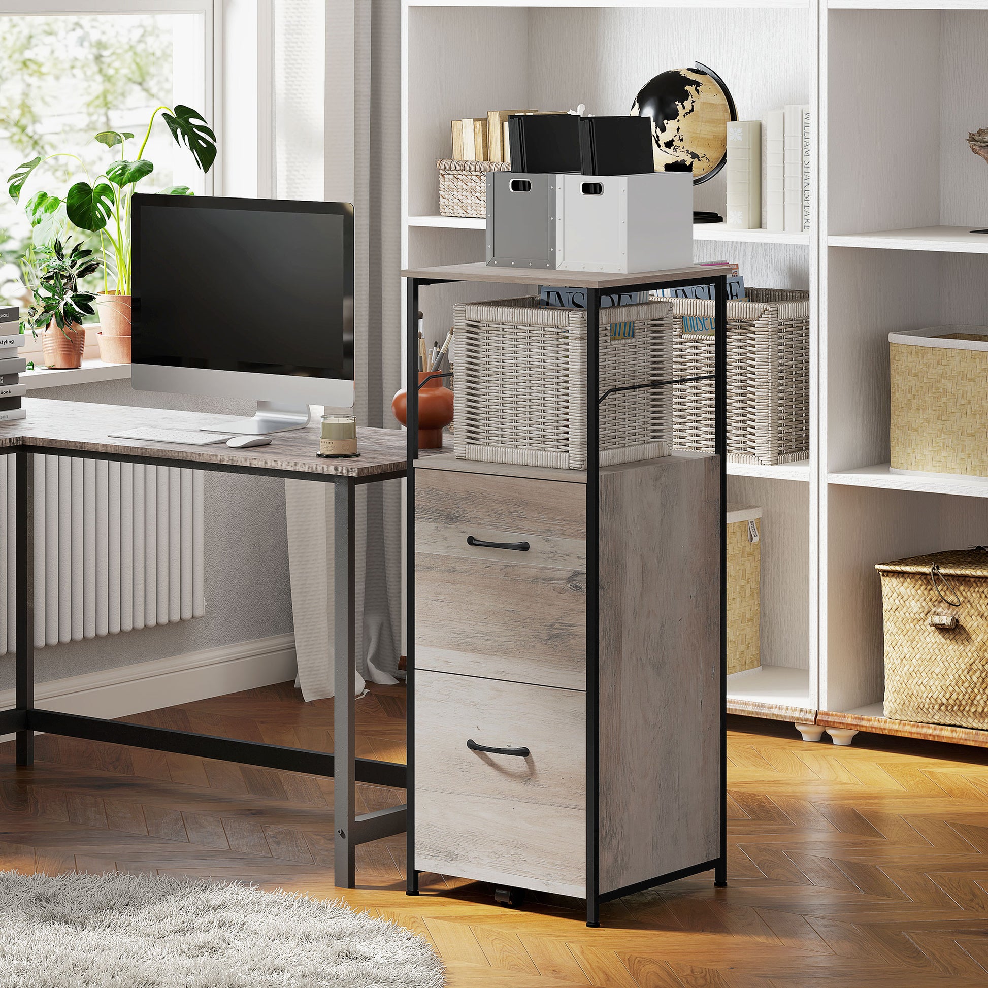 Vertical Filing Cabinet, Tall File Cabinet with 2 Drawers, Hanging Bars for Letter and A4 Size, Distressed Grey-Office Products > Office Furniture > Office Cabinets & Cupboards-DECOROLALA