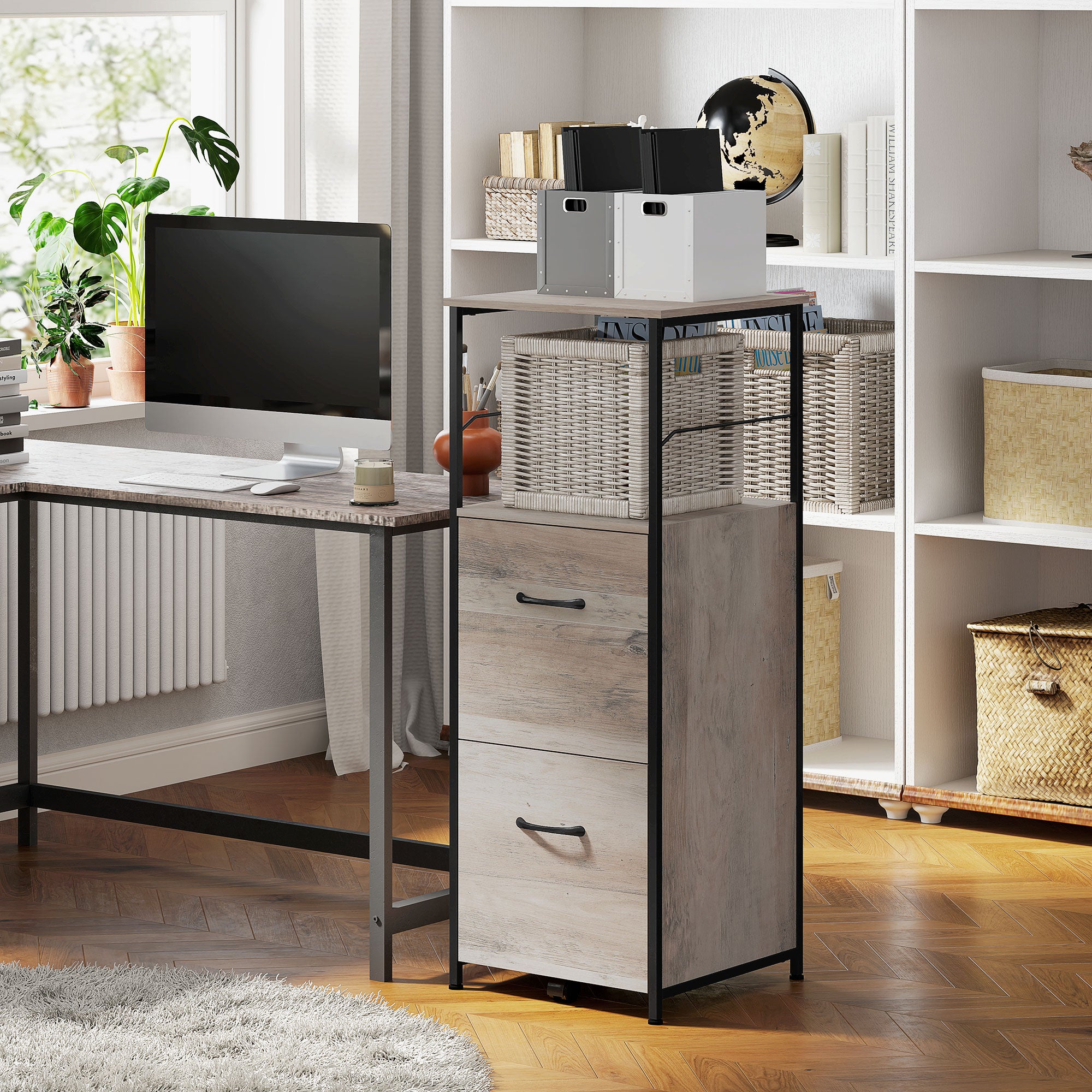 Vertical Filing Cabinet, Tall File Cabinet with 2 Drawers, Hanging Bars for Letter and A4 Size, Distressed Grey-Office Products > Office Furniture > Office Cabinets & Cupboards-DECOROLALA