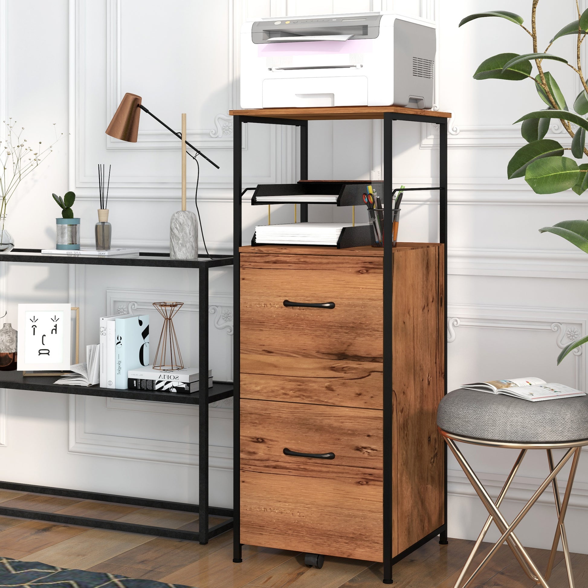 Vertical Filing Cabinet, Tall File Cabinet with 2 Drawers, Hanging Bars for Letter and A4 Size, Rustic Brown-Office Products > Office Furniture > Office Cabinets & Cupboards-DECOROLALA