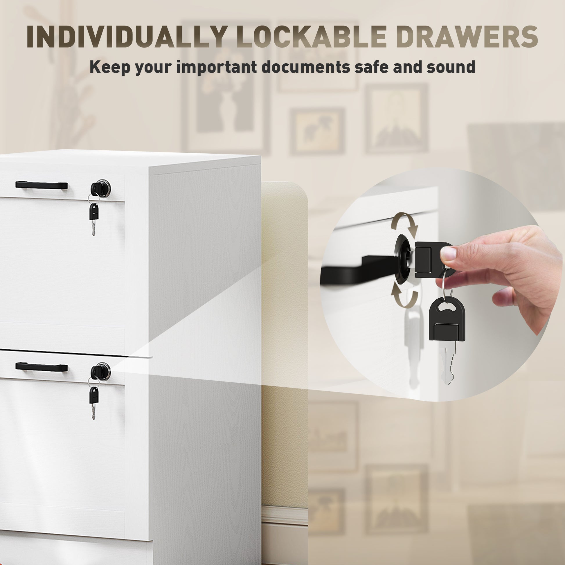 Vertical Filing Cabinet with 2 Drawers, Lock, File Cabinet for Home Office, A4 and Letter Size Files, White-Office Products > Office Furniture > Office Cabinets & Cupboards-DECOROLALA