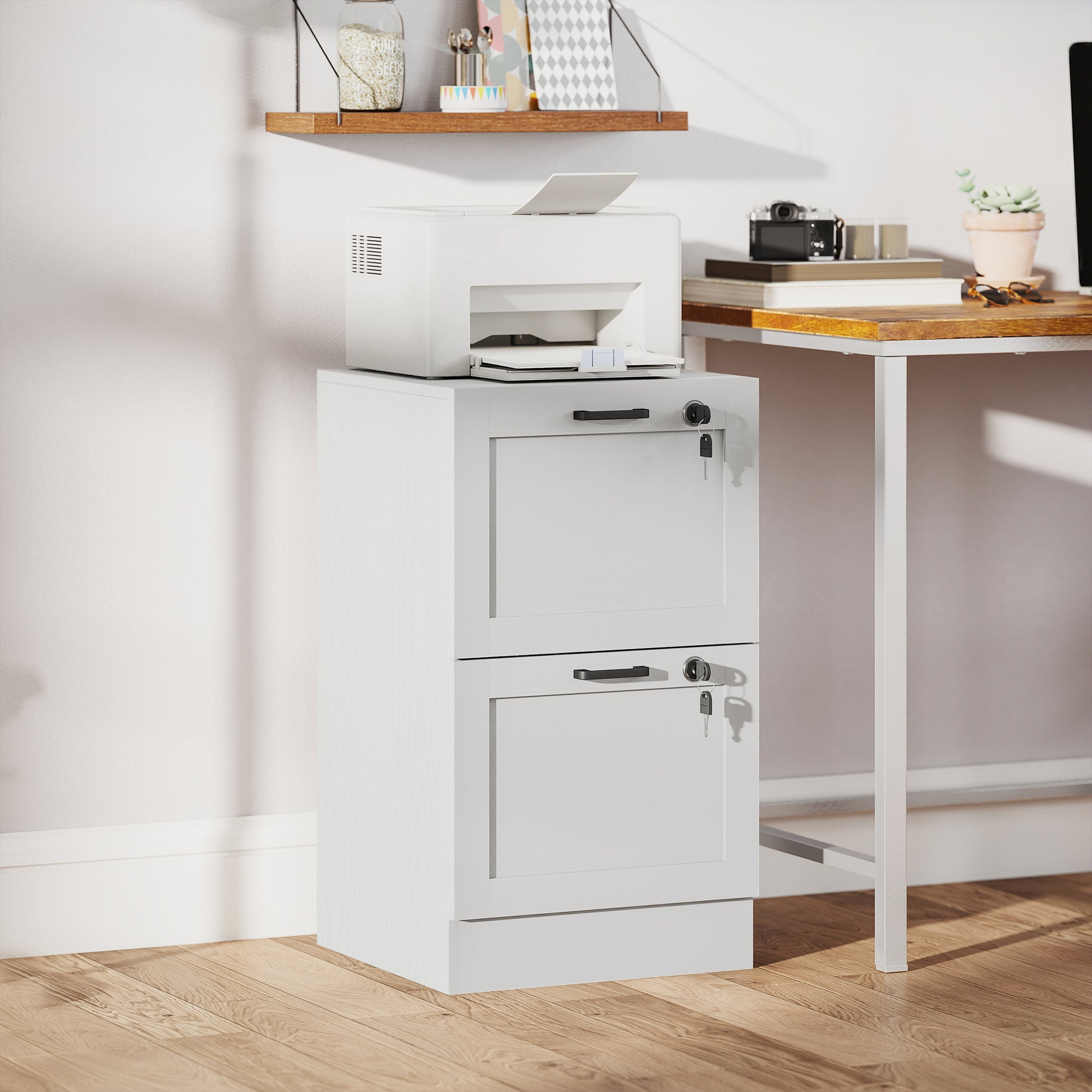 Vertical Filing Cabinet with 2 Drawers, Lock, File Cabinet for Home Office, A4 and Letter Size Files, White-Office Products > Office Furniture > Office Cabinets & Cupboards-DECOROLALA