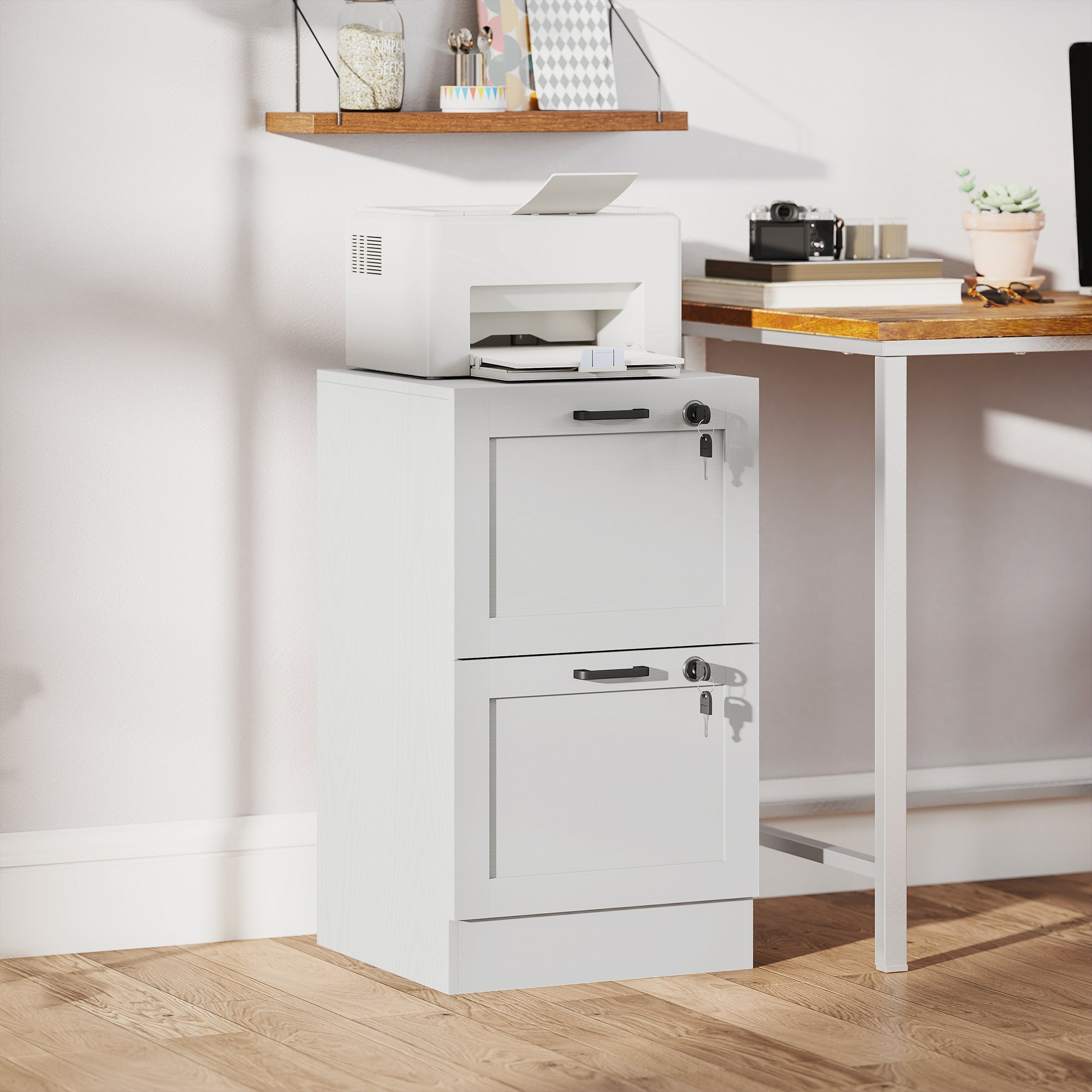 Vertical Filing Cabinet with 2 Drawers, Lock, File Cabinet for Home Office, A4 and Letter Size Files, White-Office Products > Office Furniture > Office Cabinets & Cupboards-DECOROLALA